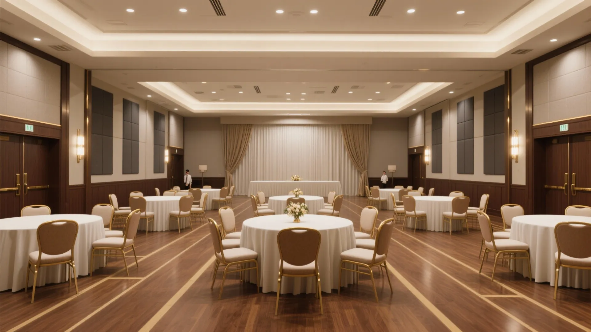 Large banquet hall with round tables white tablecloths golden chairs wood flooring and warm ceiling light