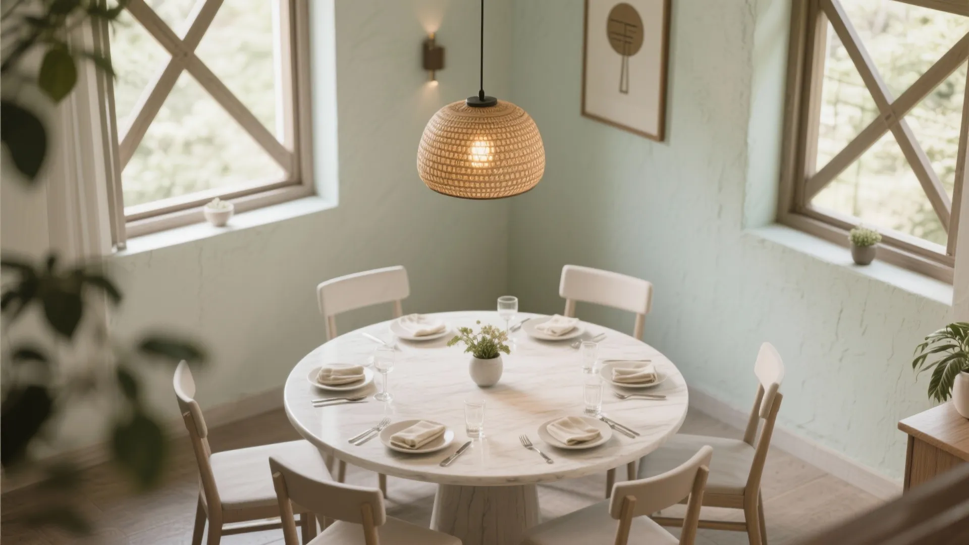 Modern dining room with round marble table, white chairs, woven ceiling light, and green walls