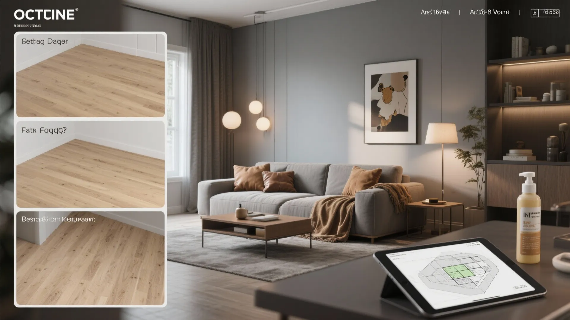 Collage-style view illustrating flooring, faux camel textiles, lighting, and a 3D planner for gray and camel schemes.