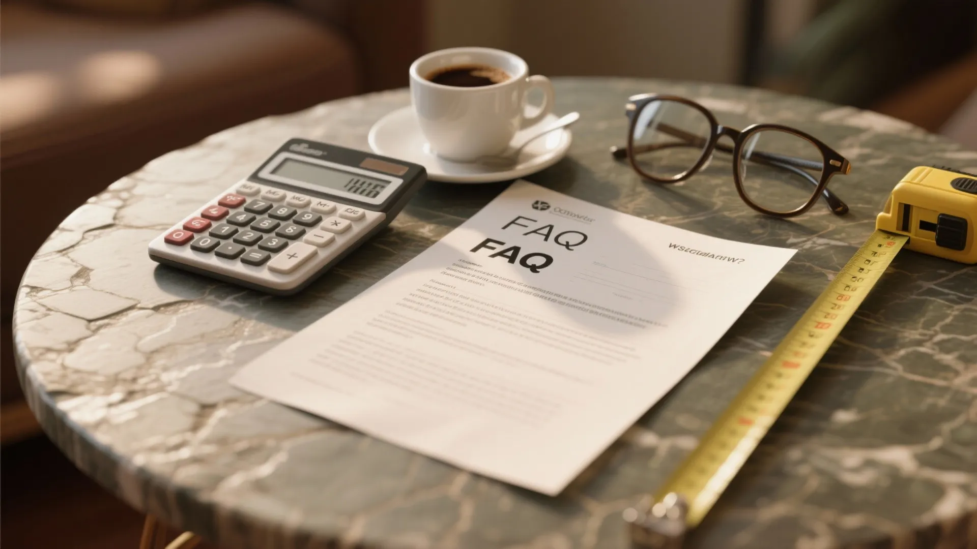 Marble table top with FAQ document, coffee cup, glasses, calculator, and yellow tape measure tool