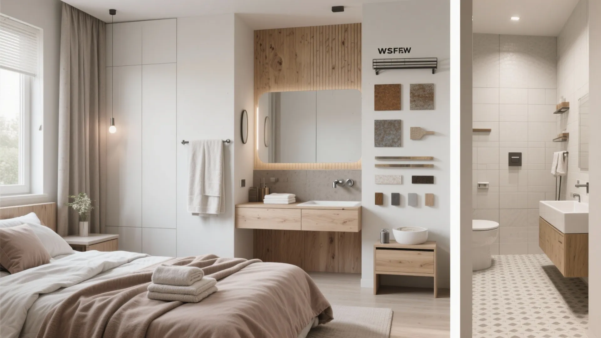 Modern bedroom with wooden wall panel sink cabinet large mirror and bathroom view interior design drawing