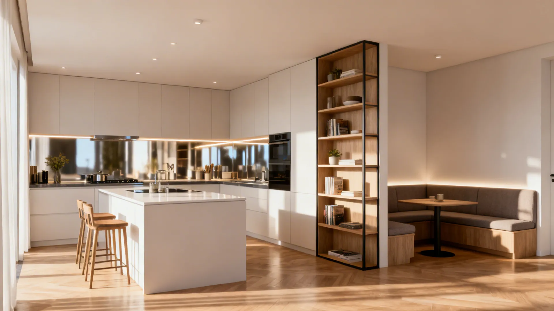 Overview of a small living room and kitchen combo showing zoned layout with island, shelving divider and banquette