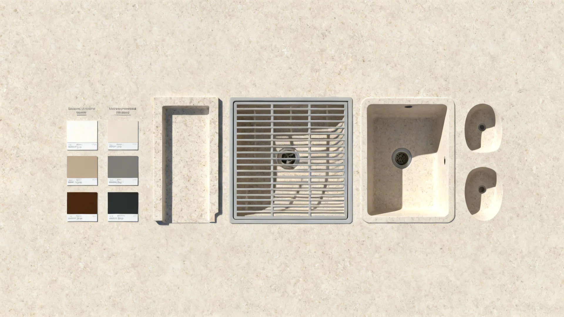 Top-down overview of sink gauge pieces, mount edges, basin grid, and bowl shapes illustrating common questions.