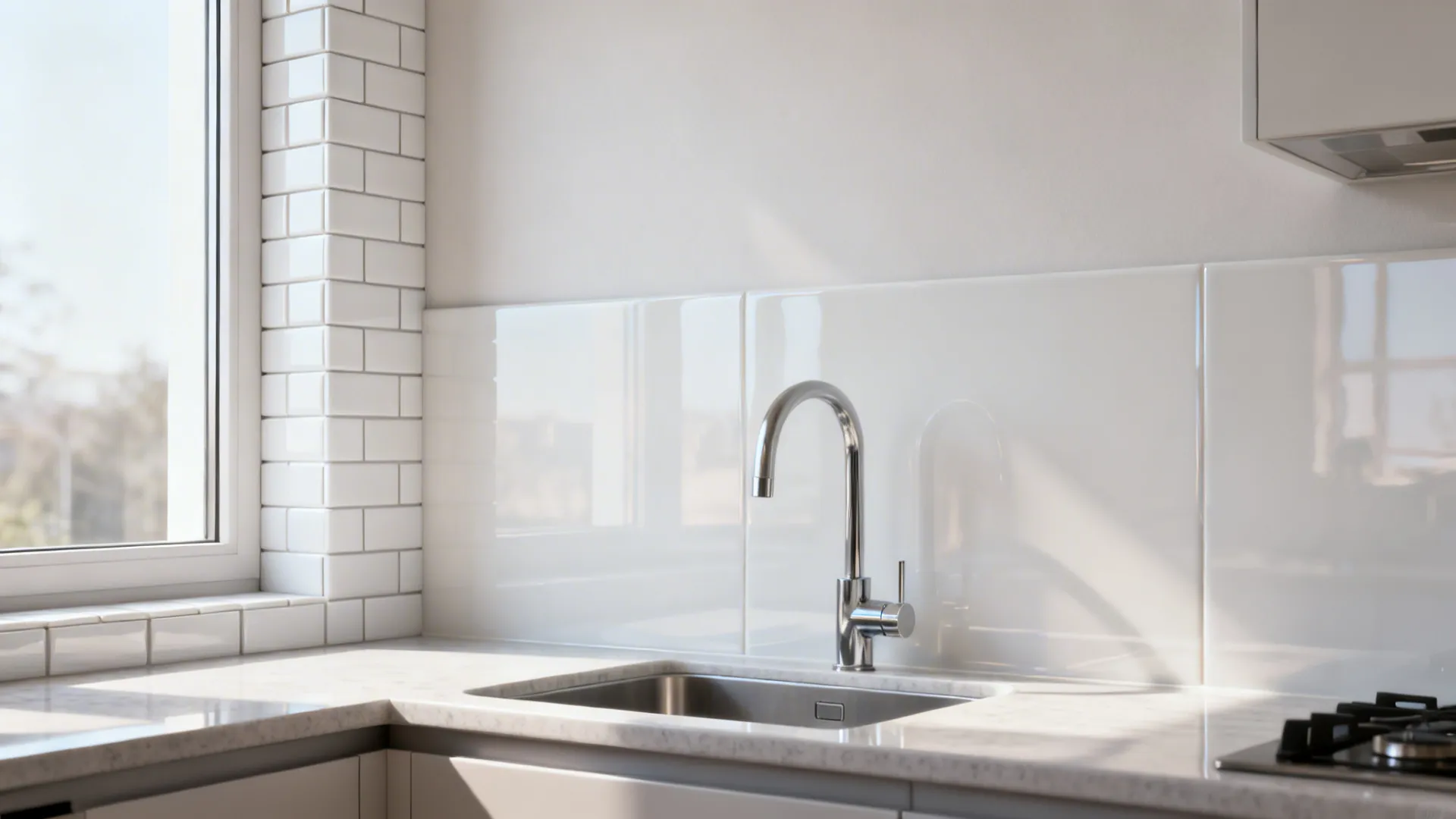 Small kitchen showing a mix of vertical subway, slab, and glossy color tiles.
