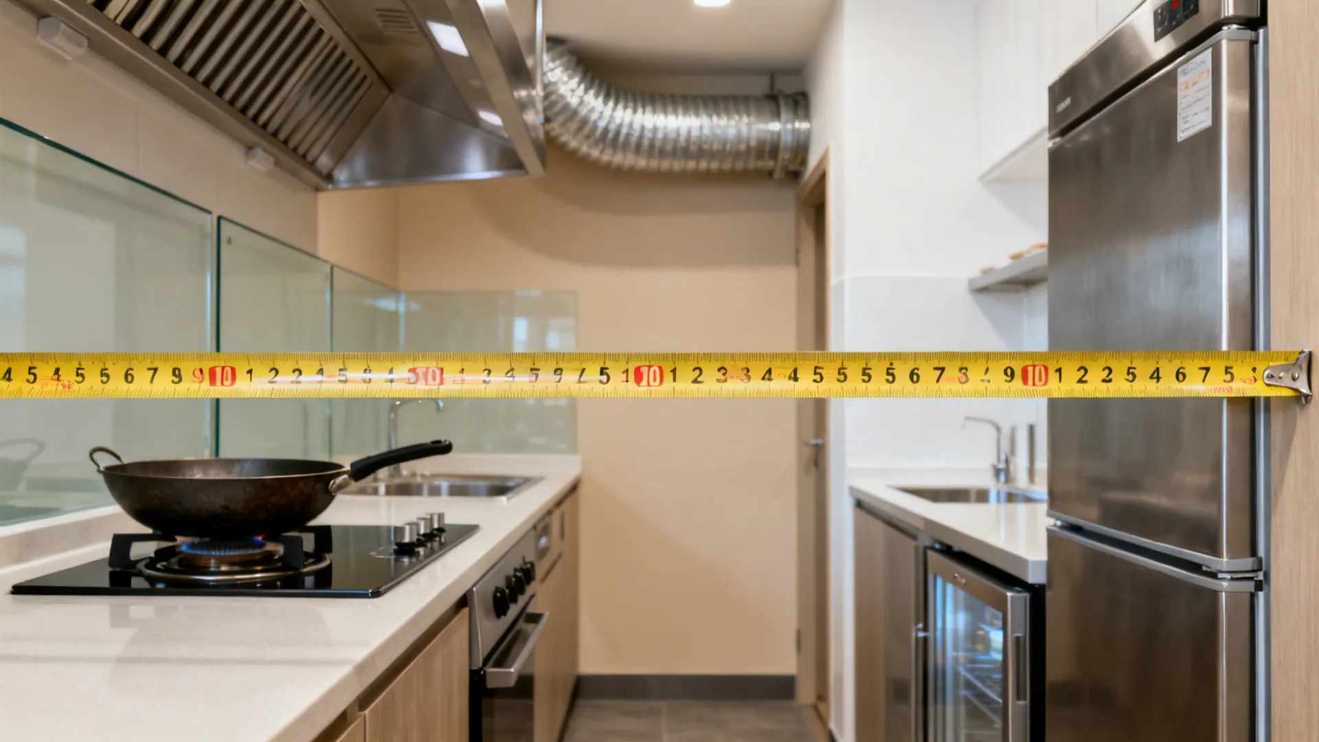 Compact kitchen scene showing aisle width, hood, stainless surfaces, and mixed cookline.