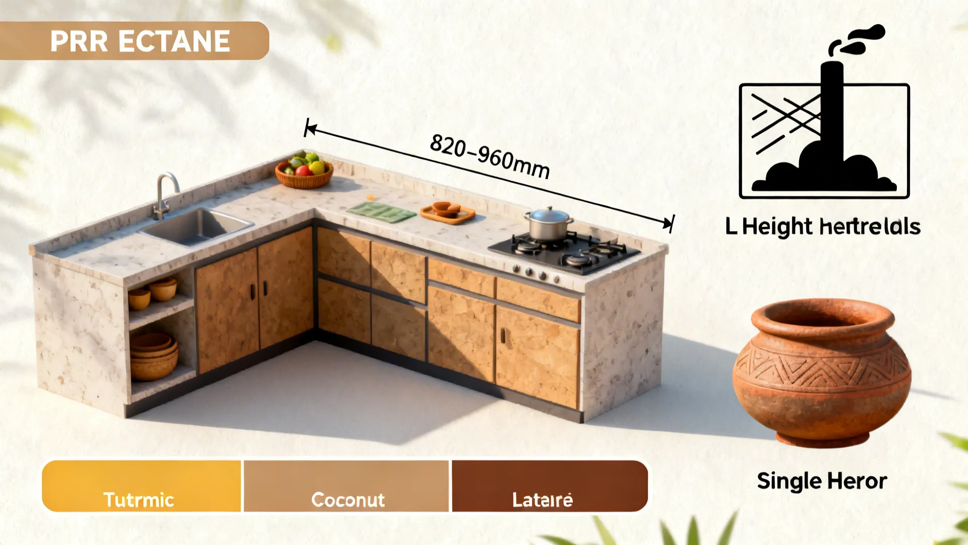 Kerala kitchen overview with icons for layout, ventilation, counter height, colors, and an uruli.