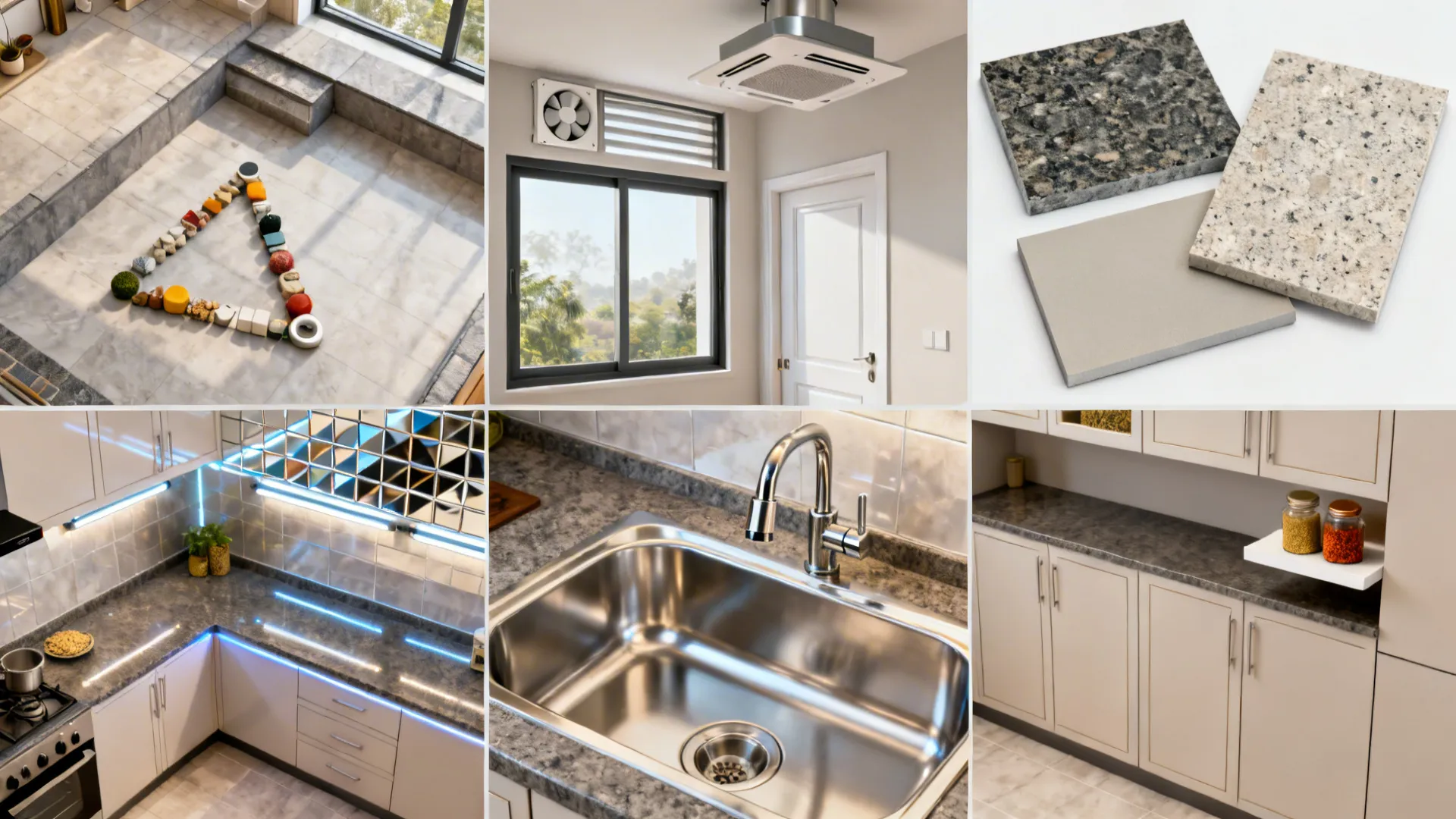 Top-down montage showing L-shaped layout, ventilation, durable materials, bright backsplash, deep sink, and mixed storage.