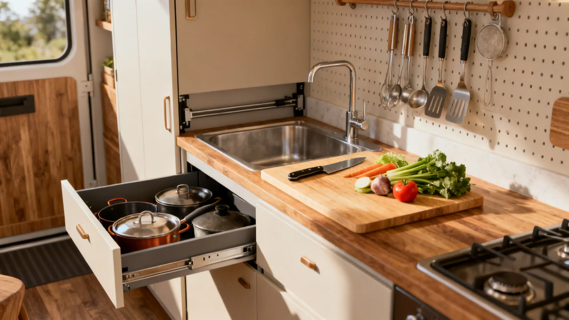 Compact kitchen vignette showing vertical pull-out, over-sink board, pegboard and toe-kick drawer as FAQ solutions.