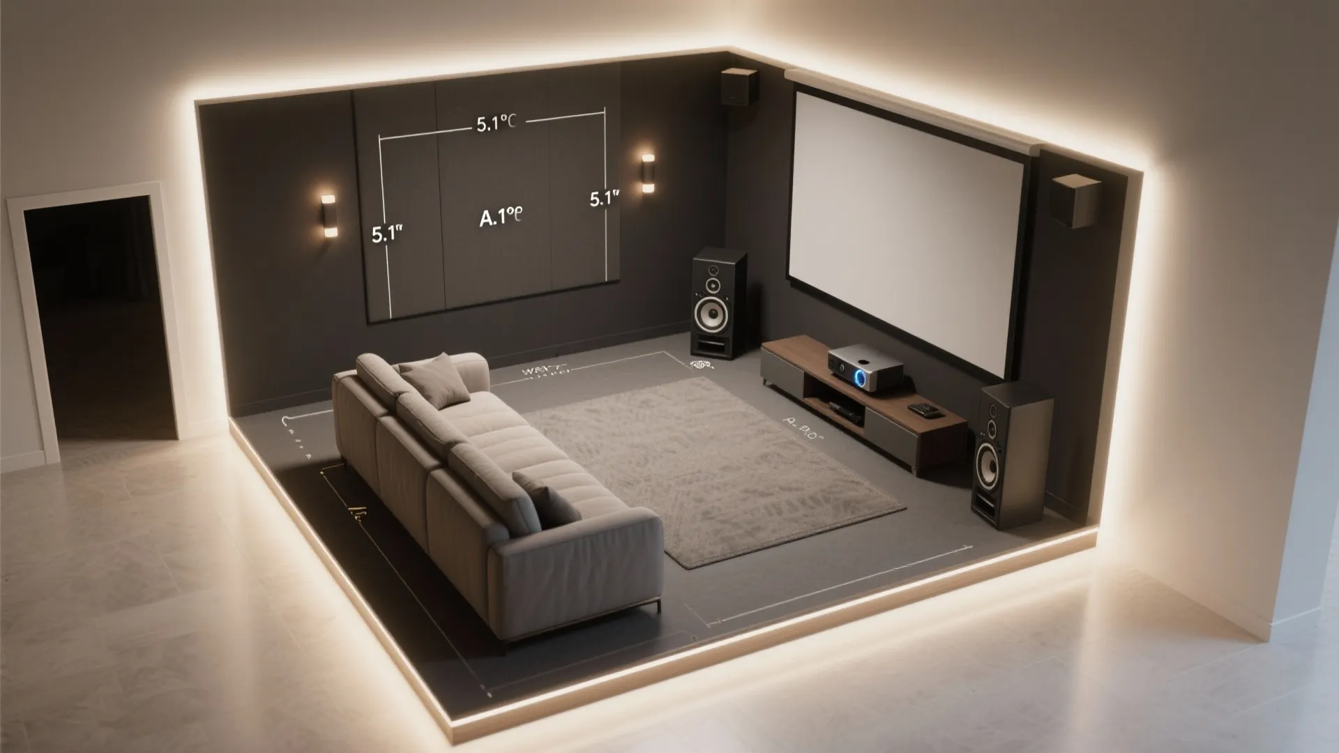 Modern home theater interior design drawing with grey sofa large screen speakers and wall lights