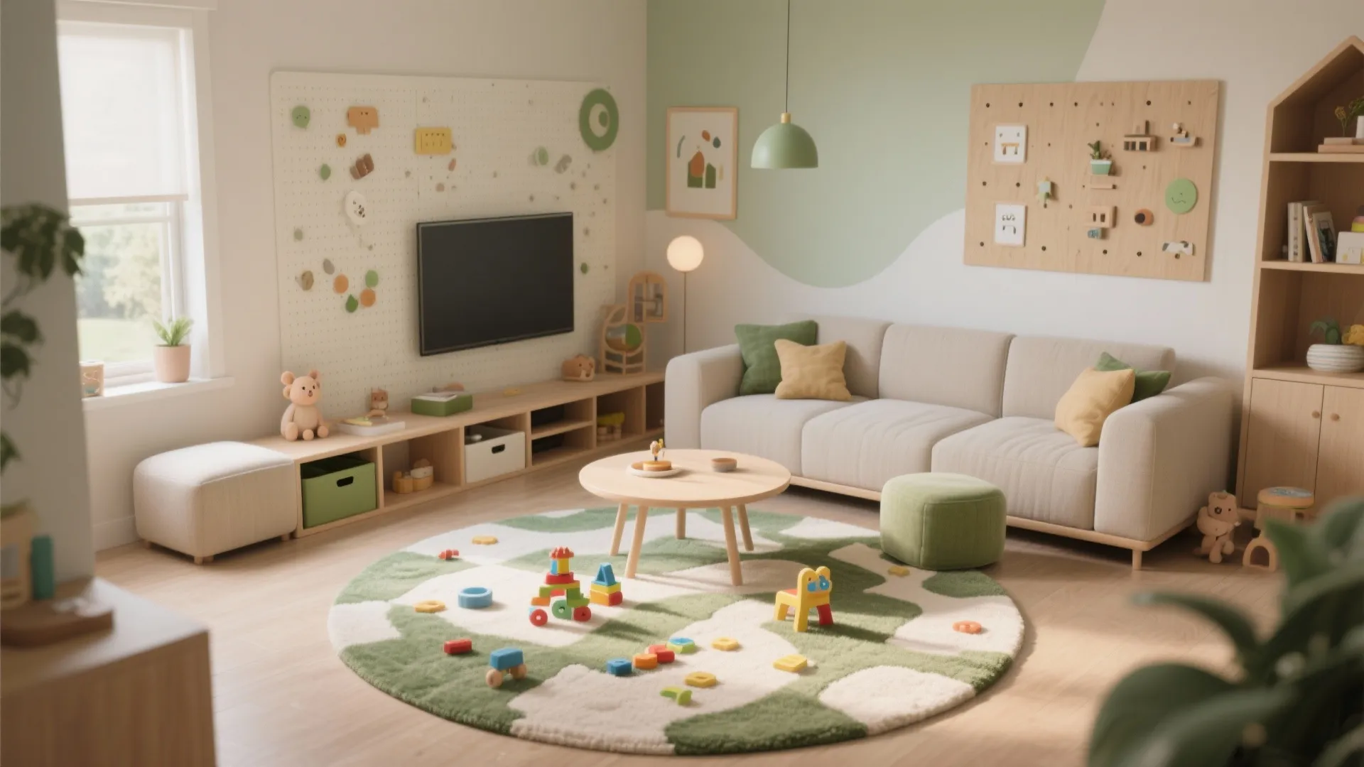 Modern kids playroom featuring a beige sofa green rug wooden table and white wall panels