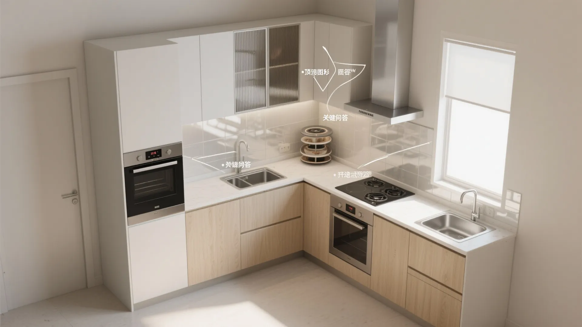 Top-down overview of an L-shaped kitchen showing storage, lighting, backsplash, and ventilation zones.