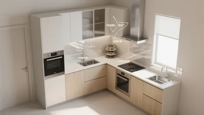 Modern L-Shaped Kitchen with Wood Accent Cabinets