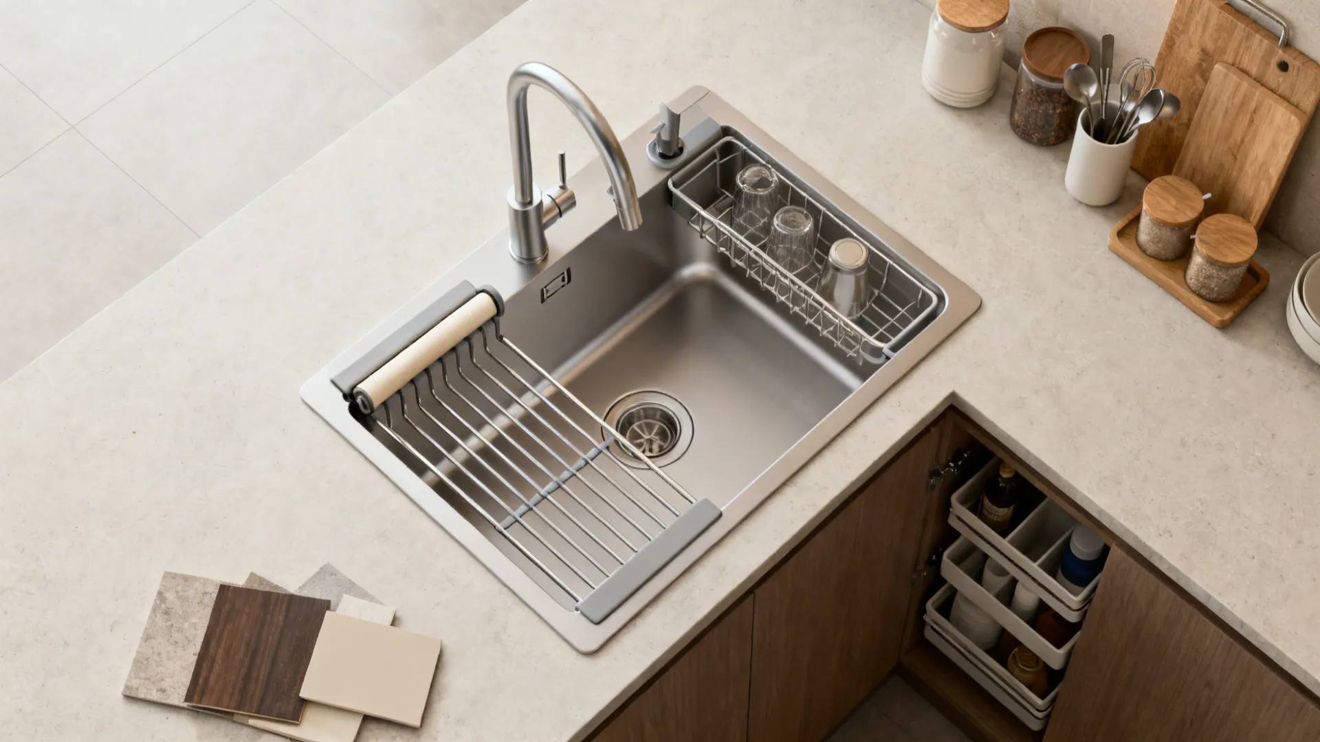 Top-down vignette showing a single-bowl undermount with accessories, corner placement, materials, and under-sink organizer.