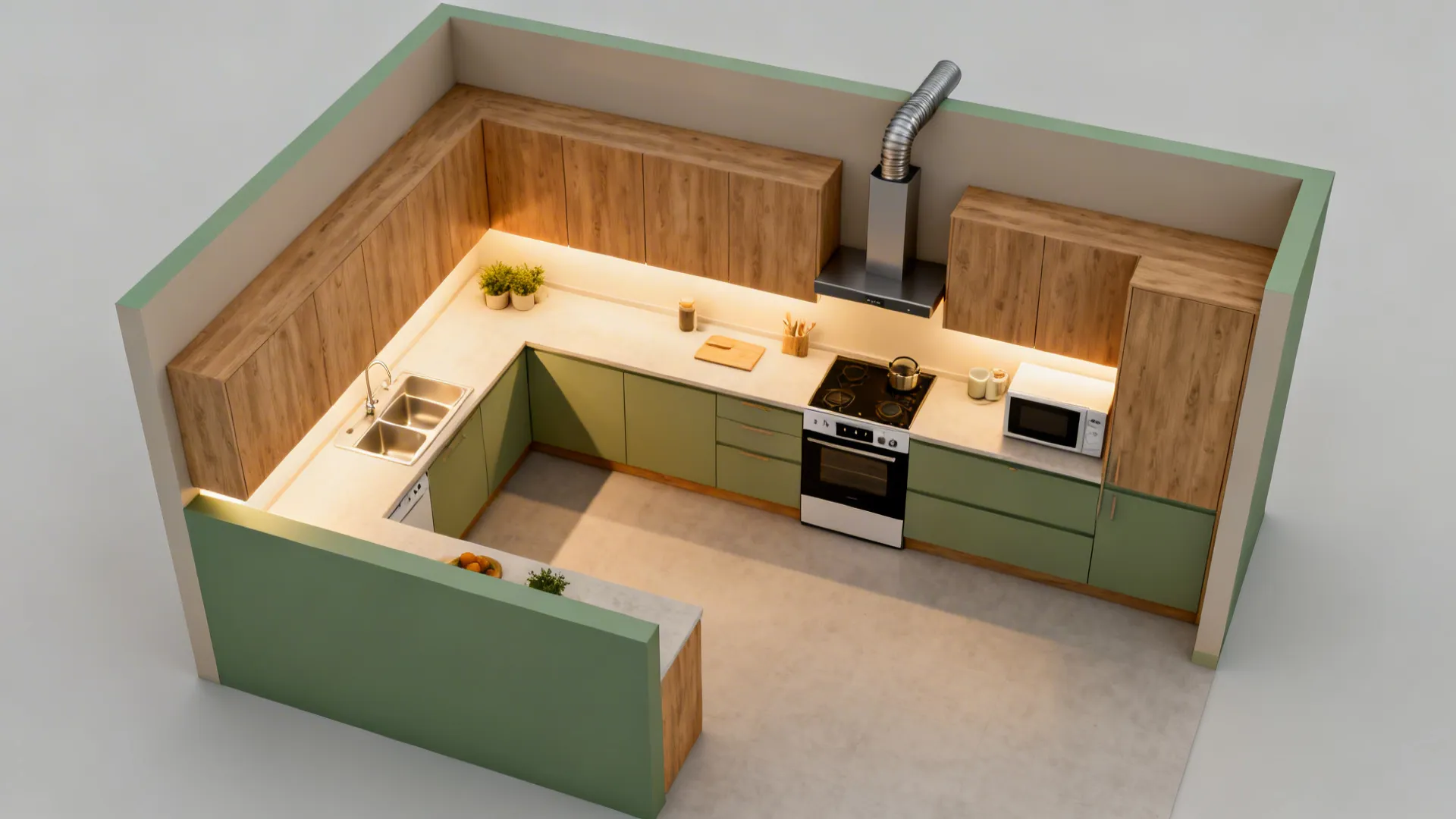 Top-down view of a compact kitchen illustrating zones, vertical storage, task lighting, and compact appliances.