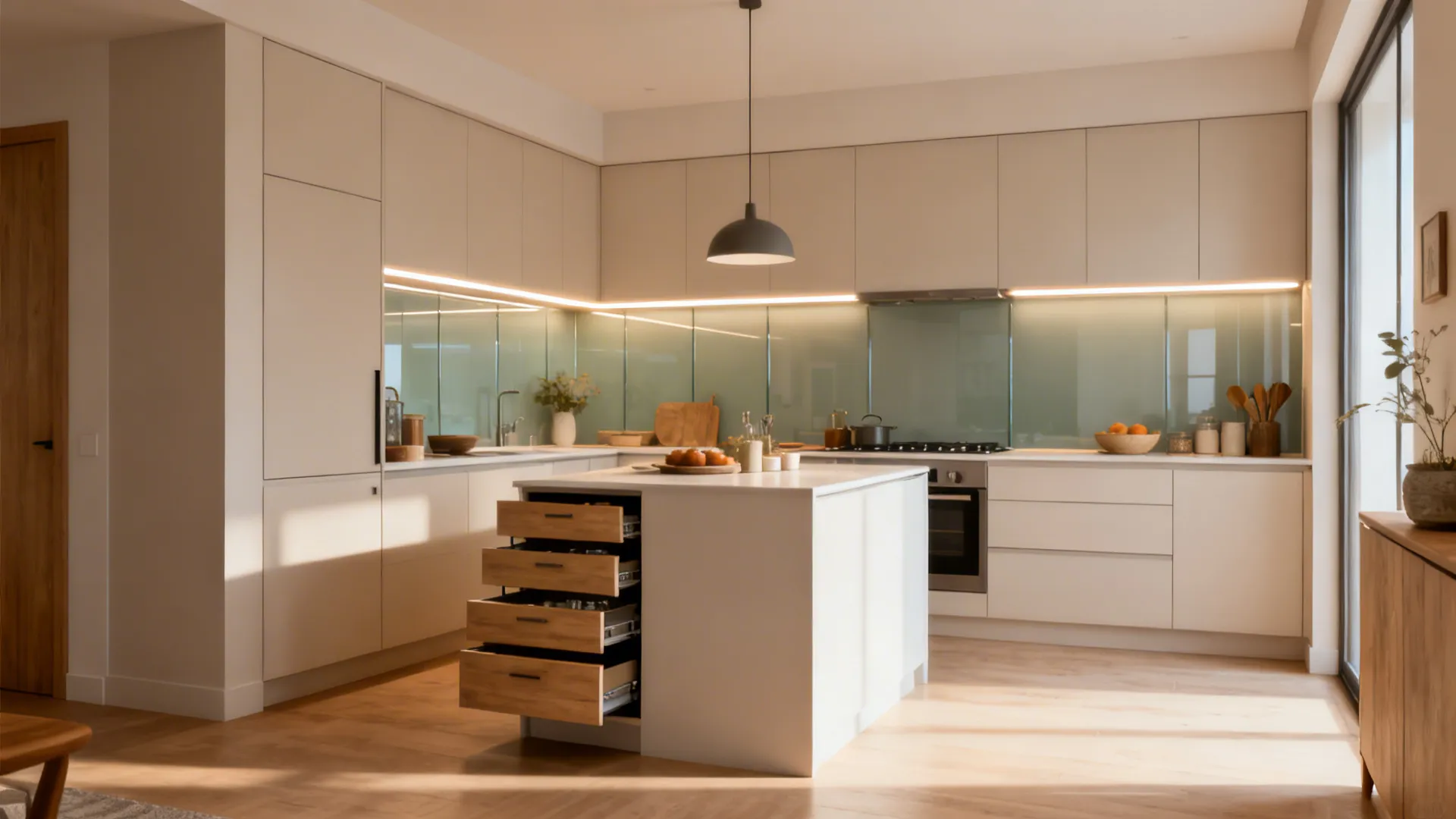 Overview of an 8x13 L-shaped kitchen showing slim island, deep storage, glass backsplash, and layered lighting.