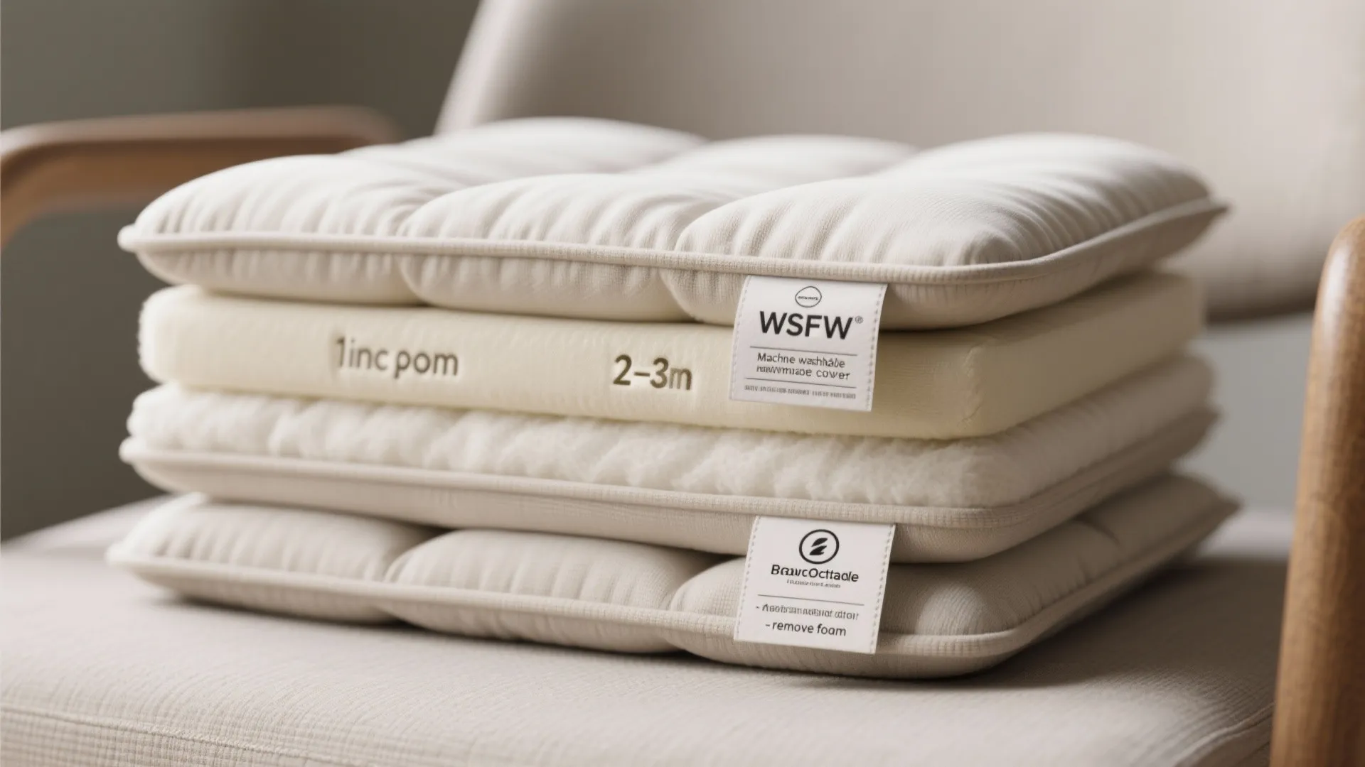 Stacked cream seat cushions showing different layers of foam and fabric on a wooden chair