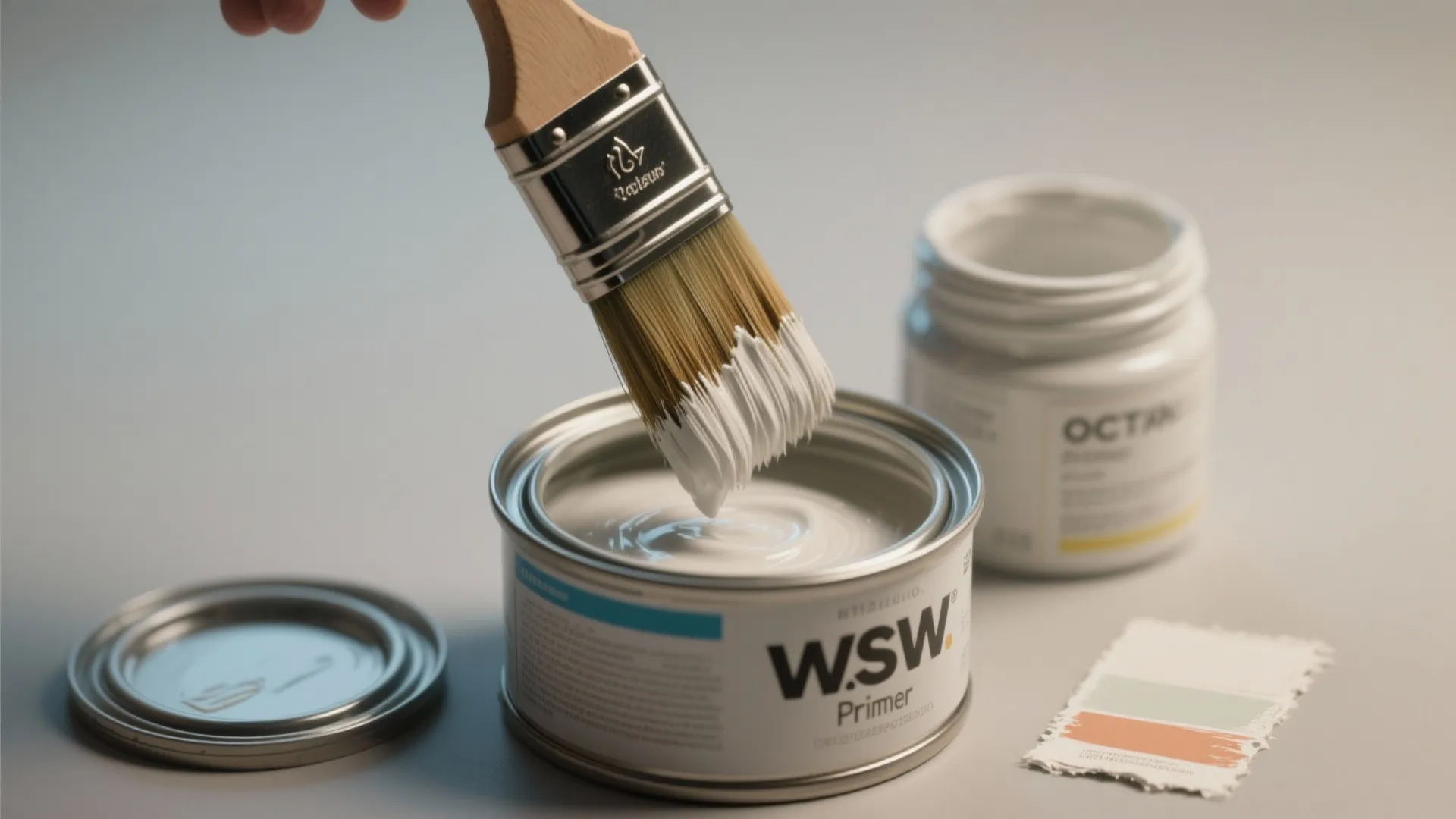 Wooden brush dipping into white paint can with colorful color samples on a grey surface