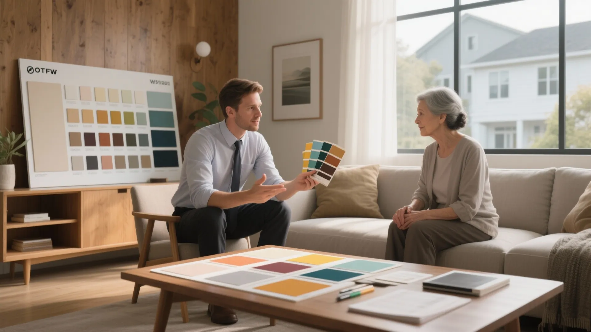 Interior designer showing color samples to an elderly woman sitting on a comfortable white sofa