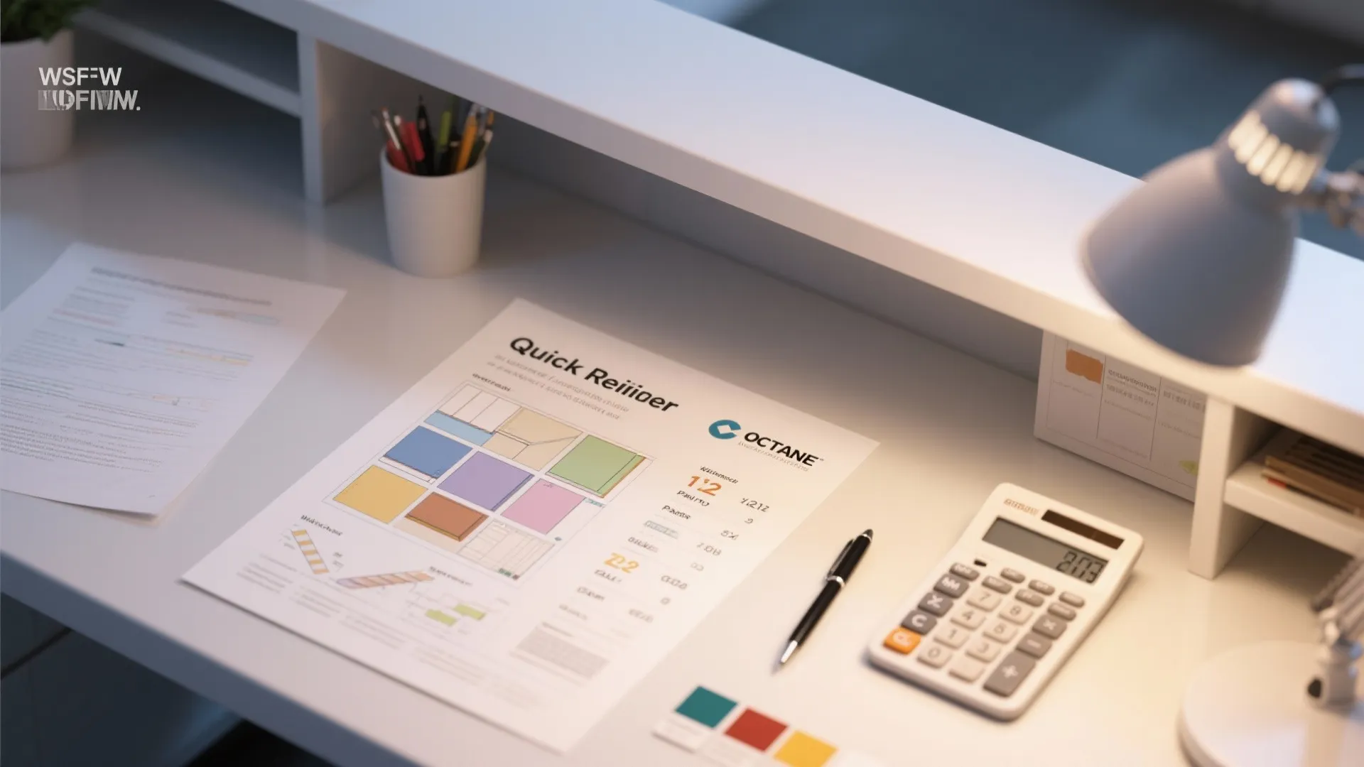 Office desk with color charts a calculator and a blue lamp for interior design planning