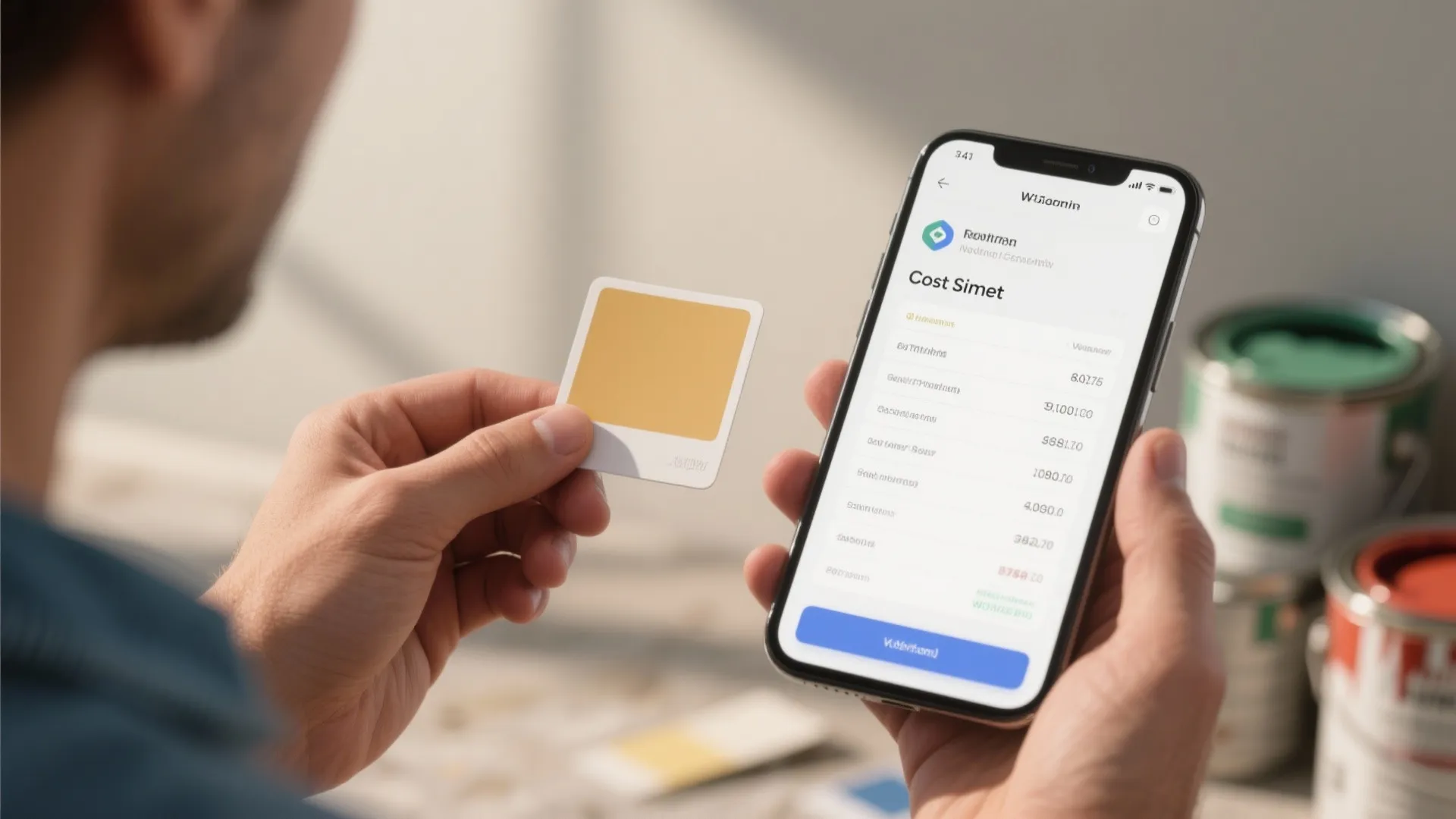 Person holding a color card and a mobile phone showing paint cost estimation app screen