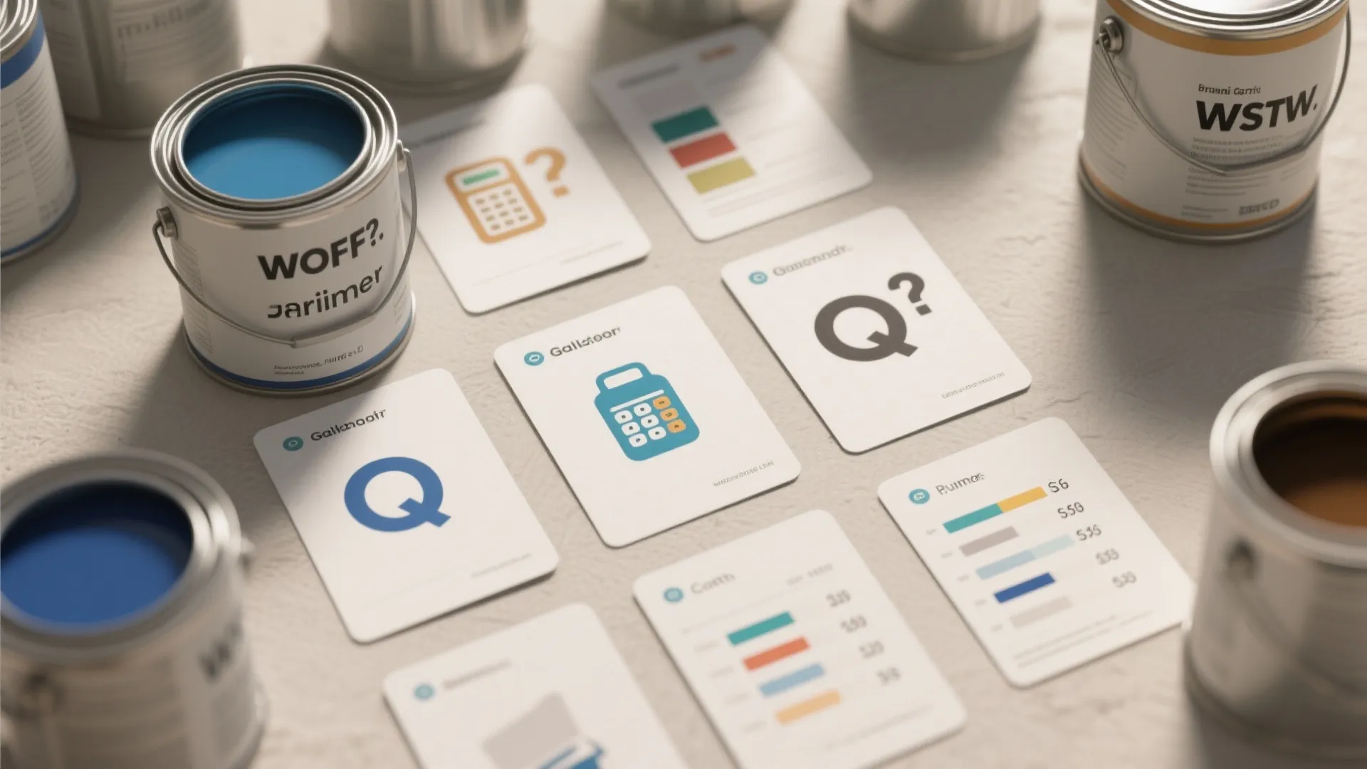 Open paint cans and cards with calculator icons showing home renovation cost and material planning