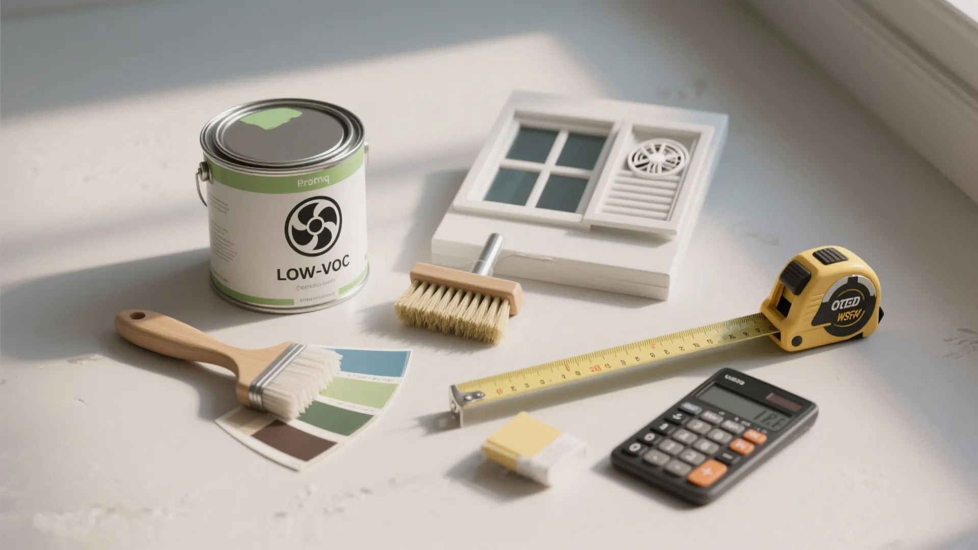 Flatlay of painting essentials and low-VOC sample can with tools and window ventilation cues.