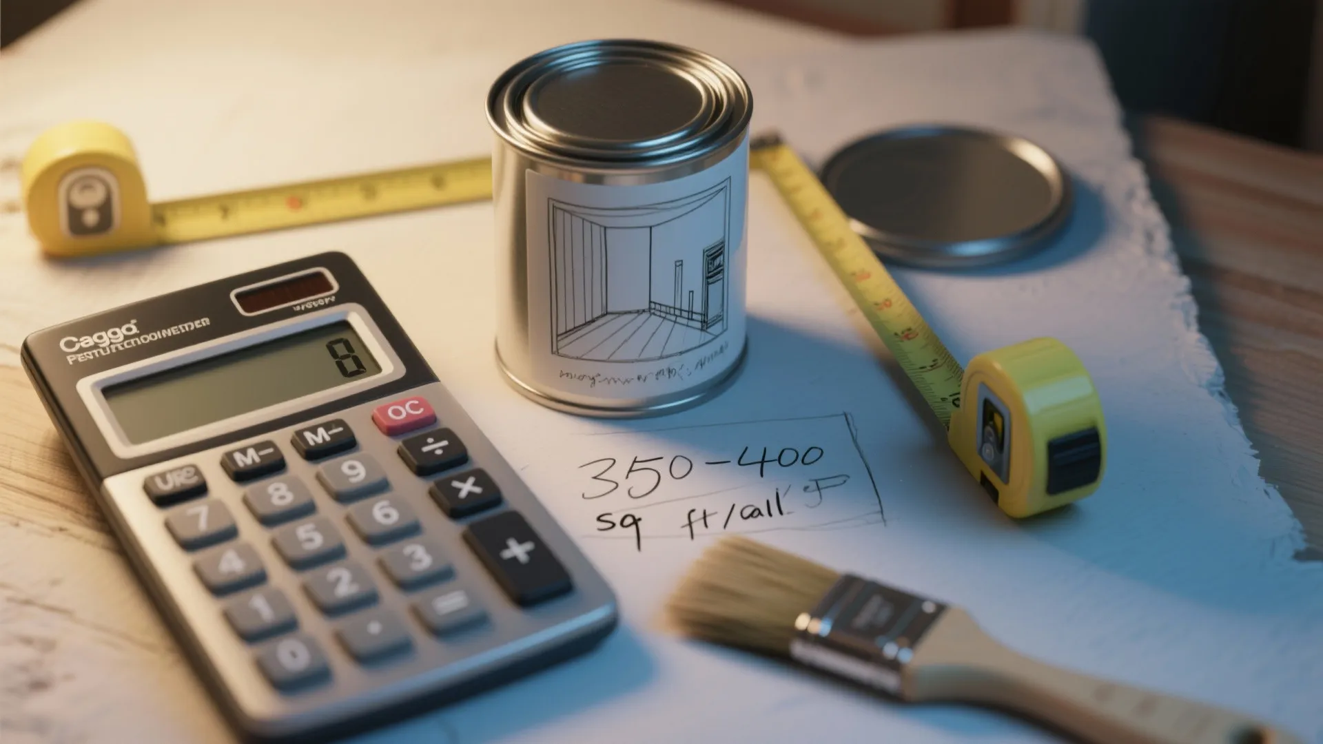 Close-up of calculator, tape measure and room sketch highlighting coverage numbers and common FAQ calculations.
