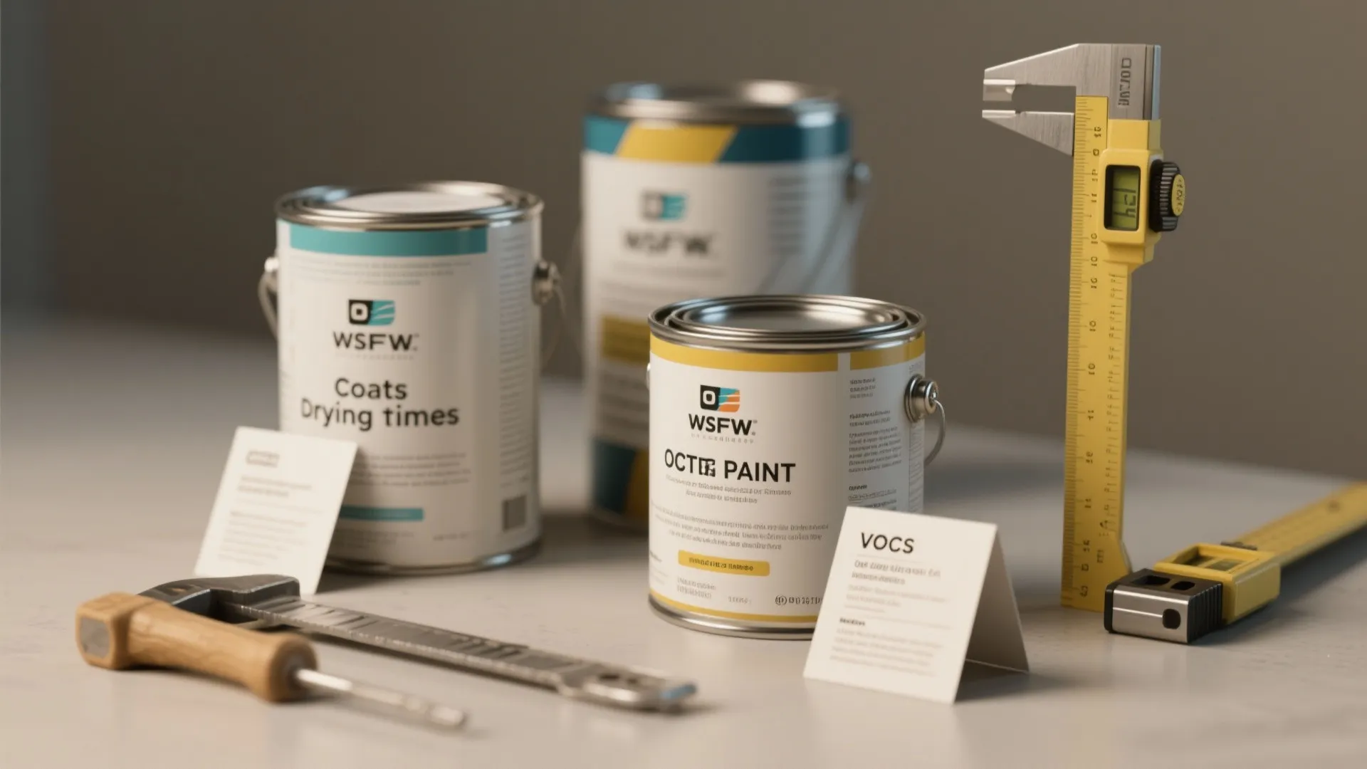 Three white paint cans with yellow labels placed on table with tools and measurement device