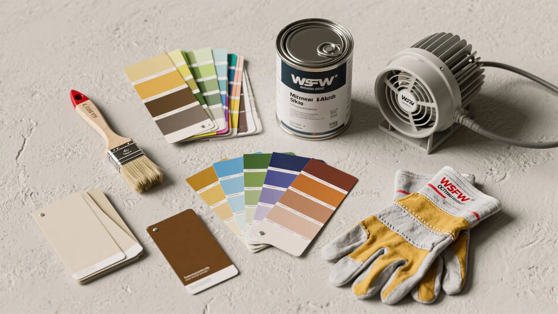 Home painting tools including color swatches a paint can brush gloves and a small white fan