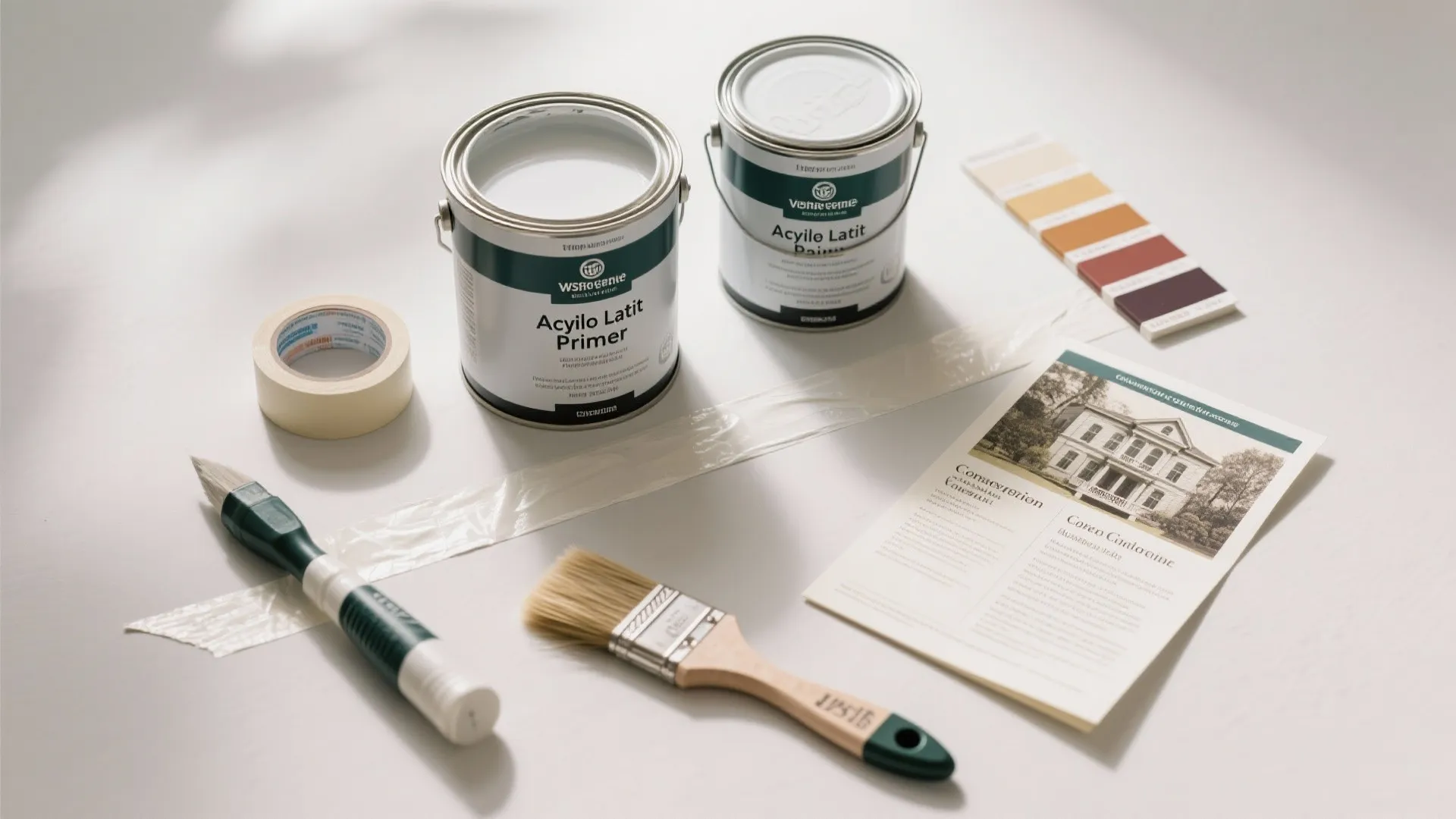 Paint cans brushes masking tape and color samples for a home interior wall painting project