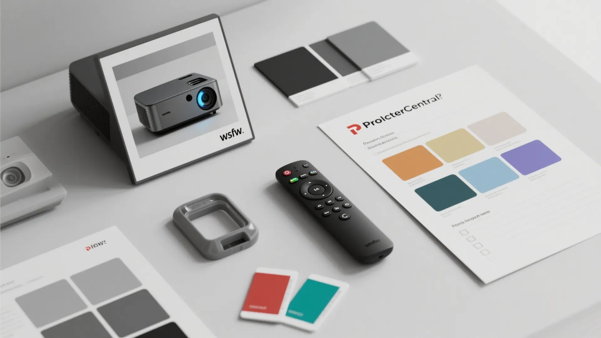 Various colorful paint samples and a remote control placed on a white table for design