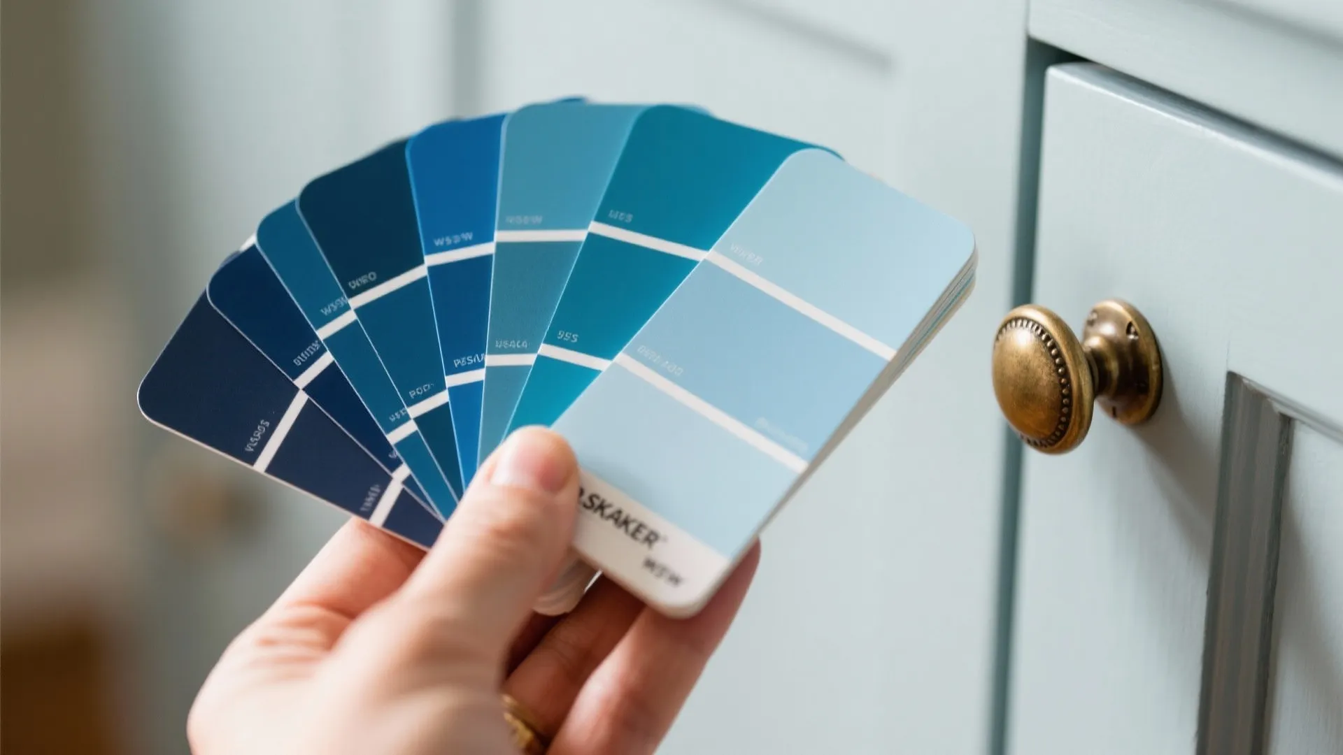 Paint chip fan deck showing navy and pale blue options next to a shaker cabinet corner