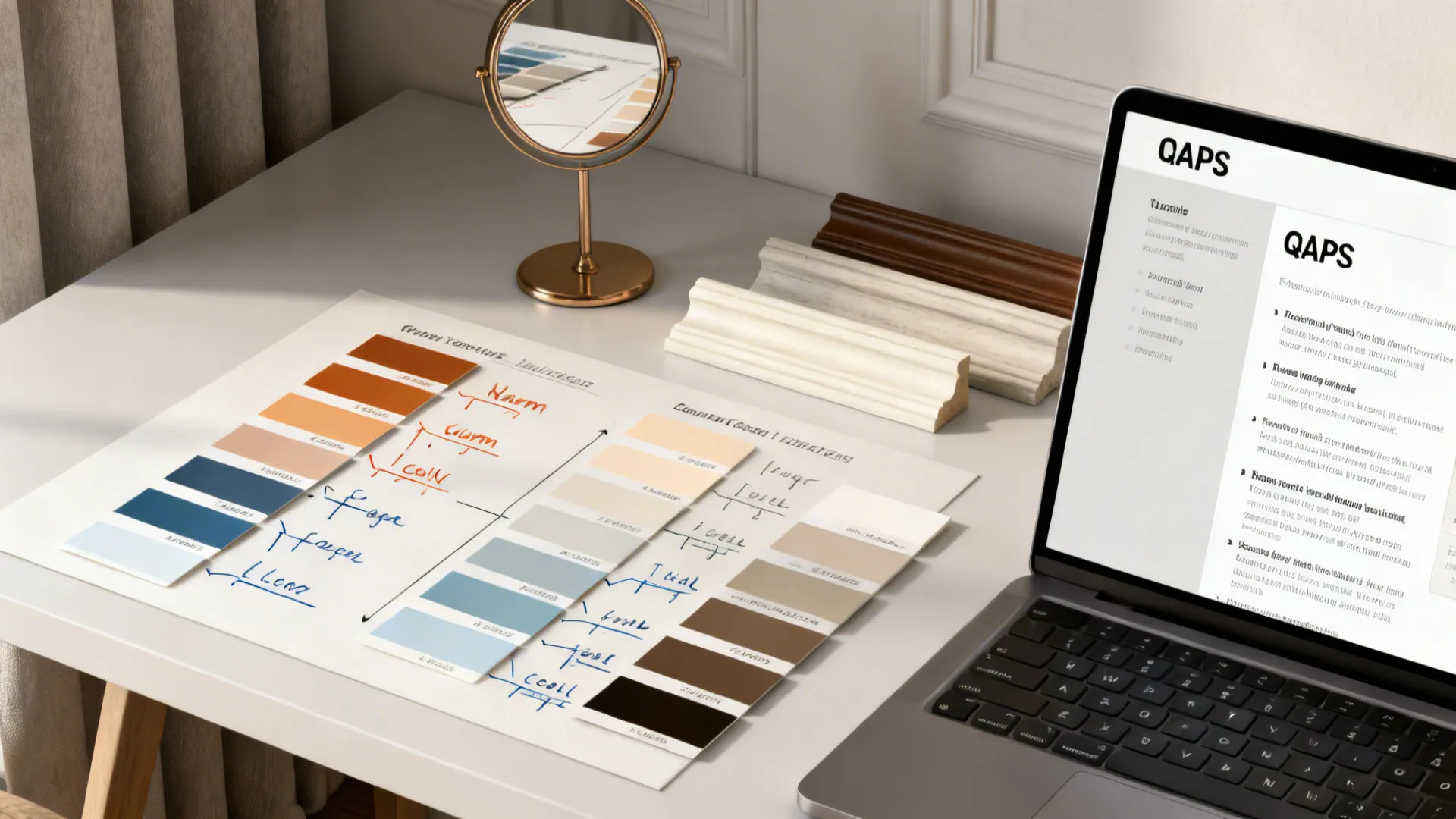 Designer desk with paint chips, mirror and laptop showing paint choice FAQs and undertones.