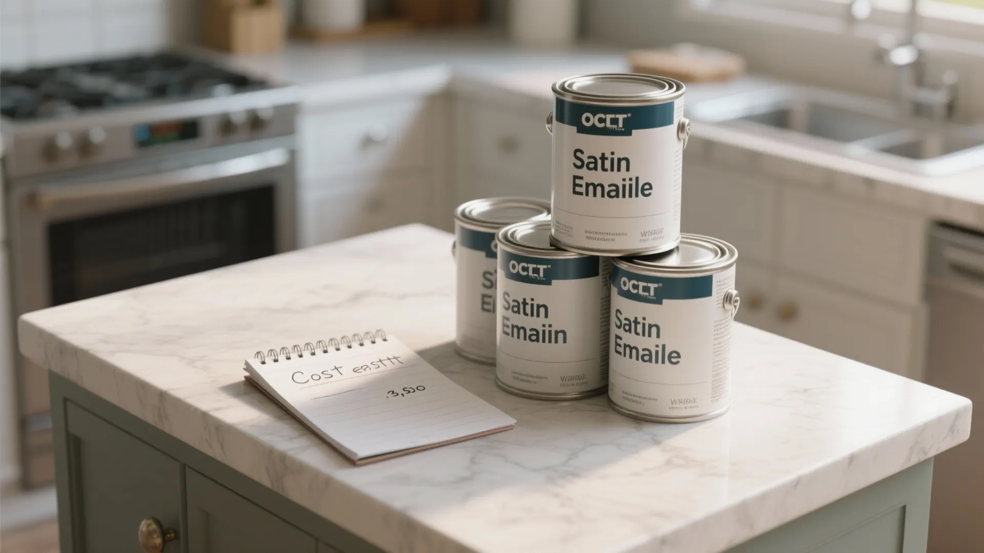 Paint cans and a notepad showing typical cabinet painting cost estimates on a kitchen counter