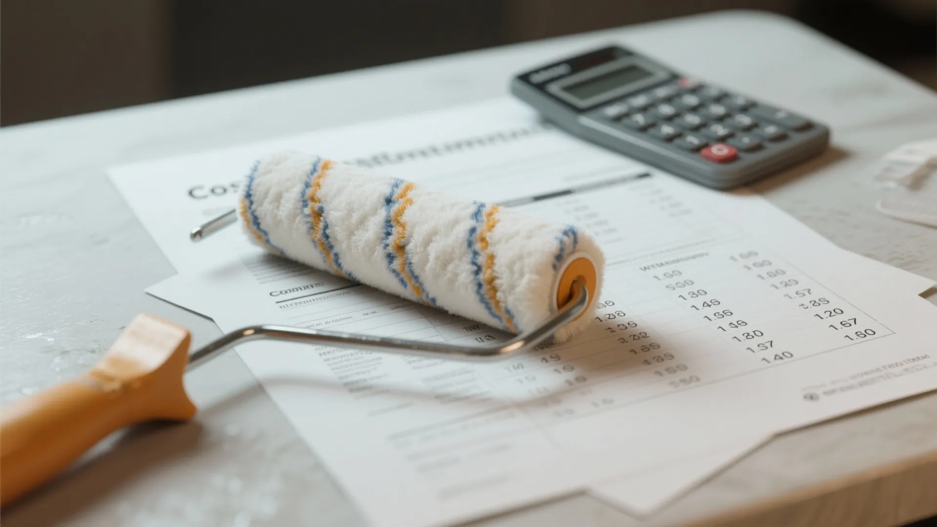 Macro view of a paint roller beside a printed cost estimate and calculator representing painting costs and FAQs
