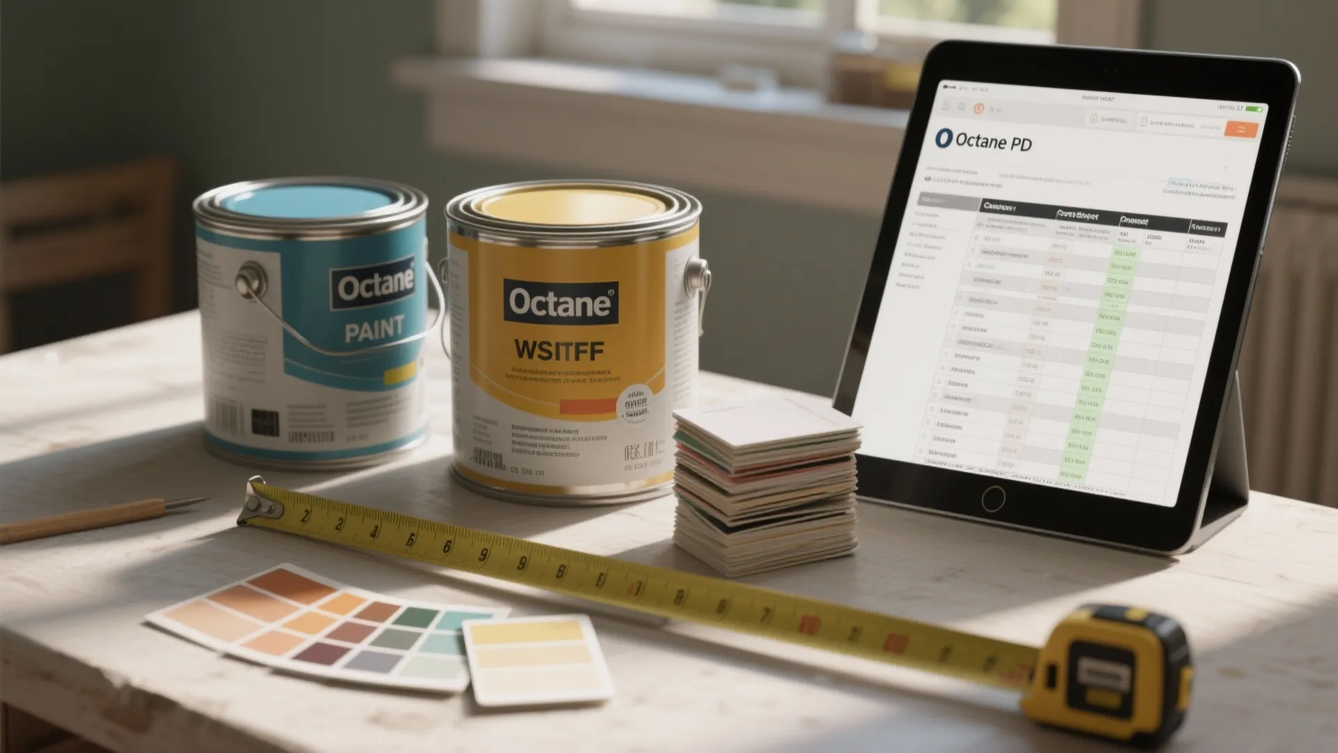 Paint cans, sample cards, tape measure and a tablet with a cost estimate visible