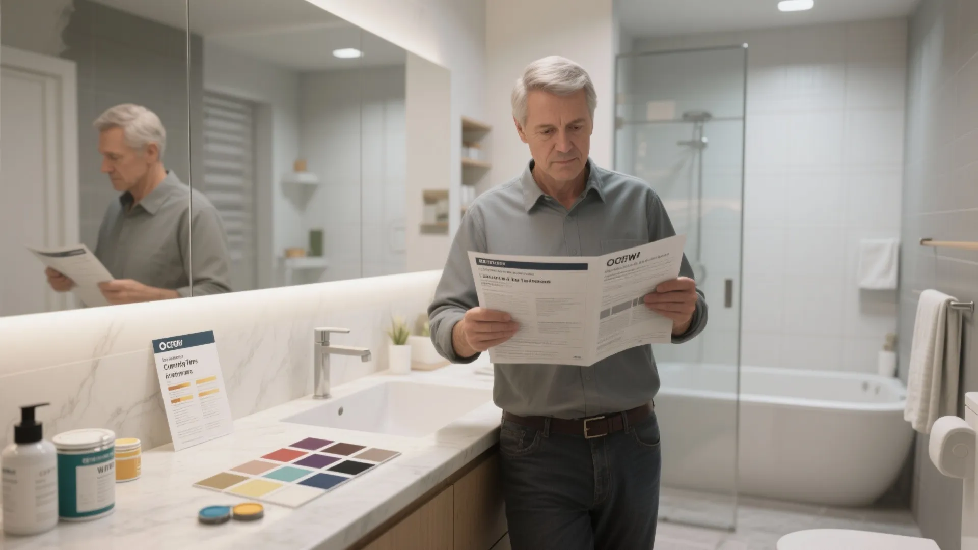 Man reads a manual in a bright bathroom next to paint cans and color samples