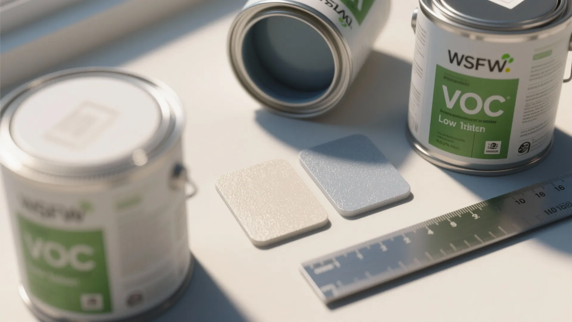 Macro view of paint finish test panels showing satin and low-luster textures alongside eco-friendly paint cans.