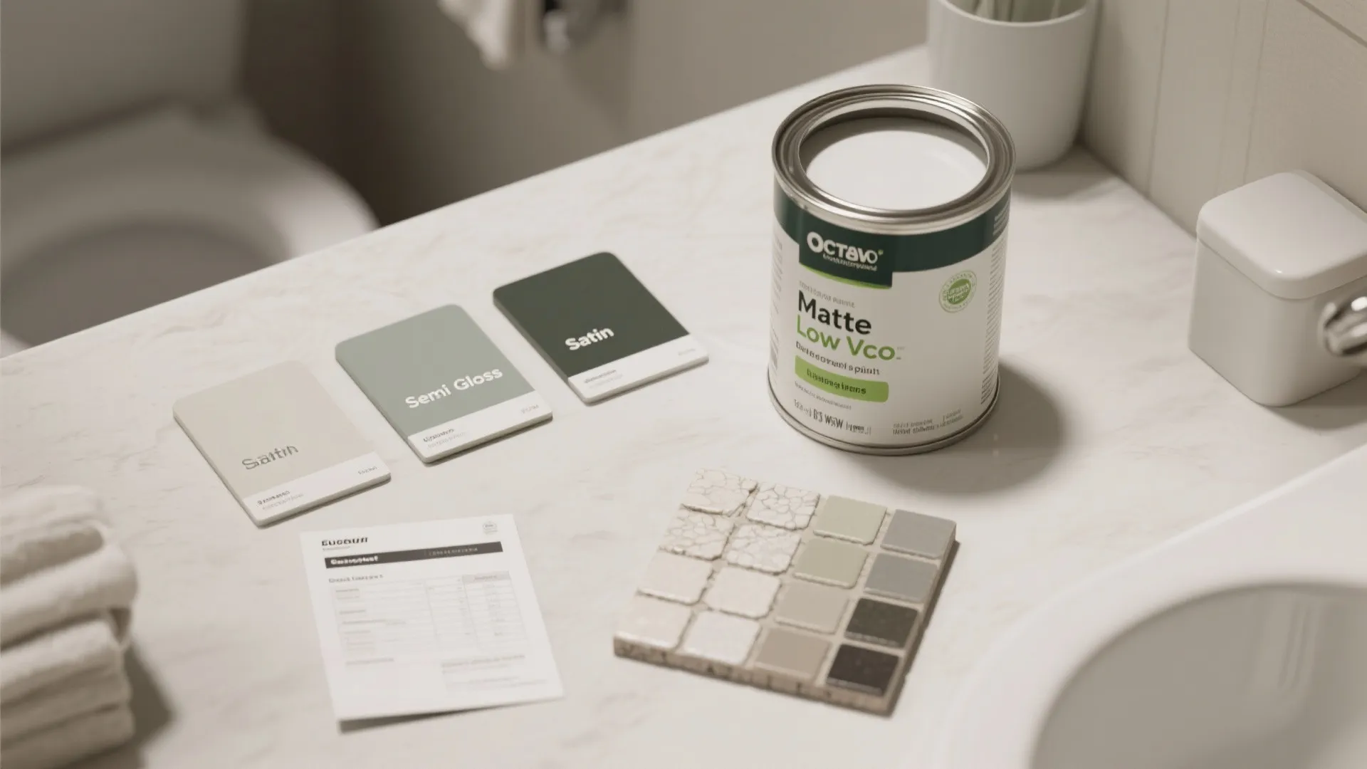 Flatlay of paint finish samples, low-VOC paint can, grout swatches and a small budget sheet for bathroom FAQs.