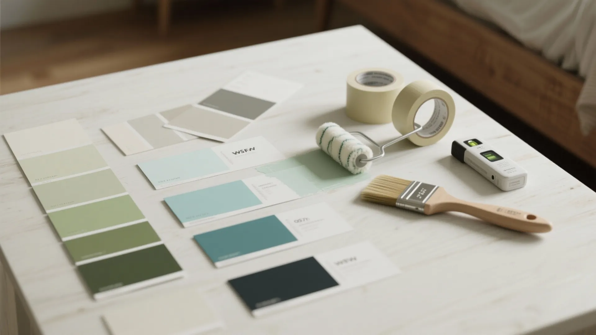 Green paint swatches with a small roller and brush and tape on a white table