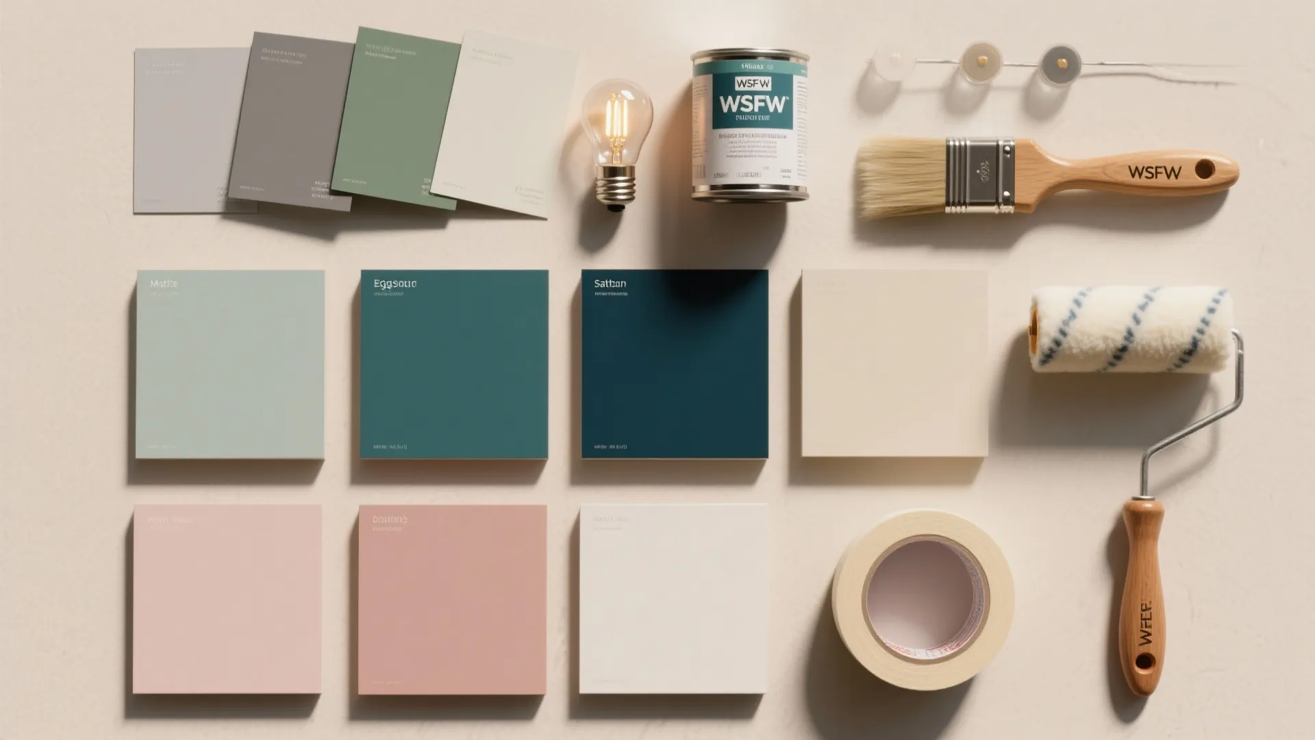 Interior paint swatches with paint can brush roller tape and light bulb on beige background