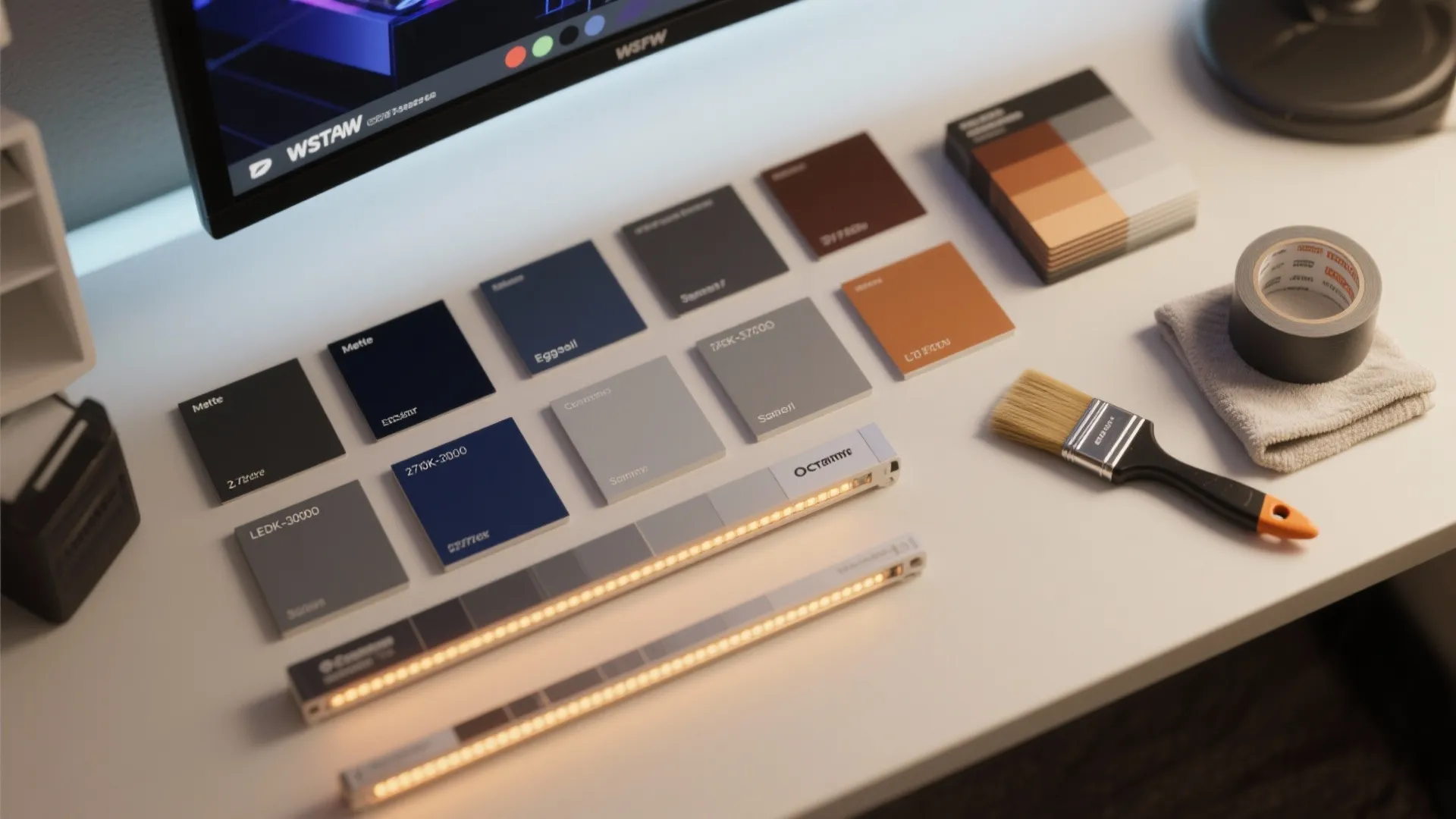 Desk featuring colorful paint swatches, paint brush, light strips, tape, and a monitor screen display