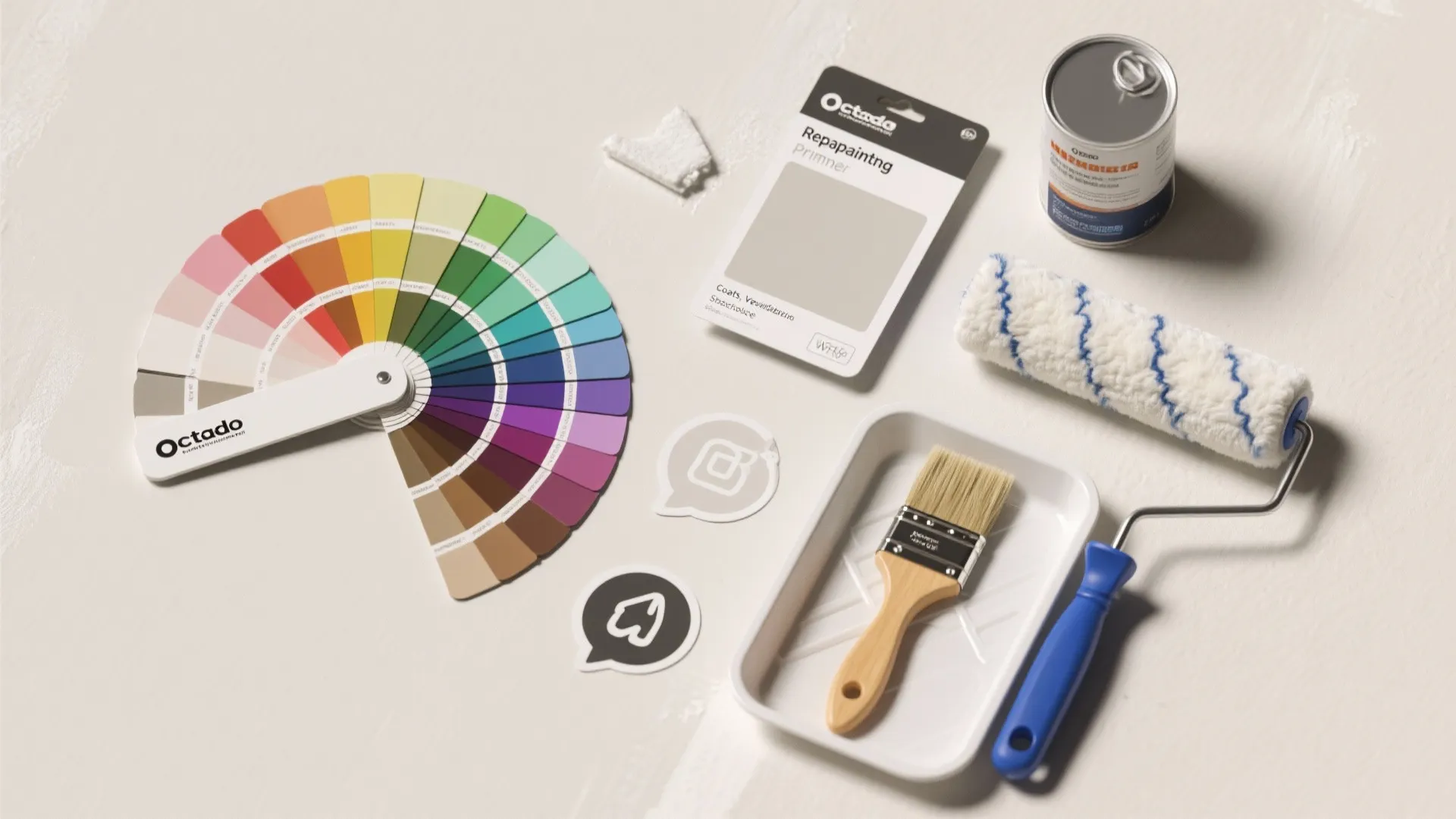 Flatlay of repainting essentials and icon tips—swatches, primer, roller, brush—arranged for a quick FAQ reference.