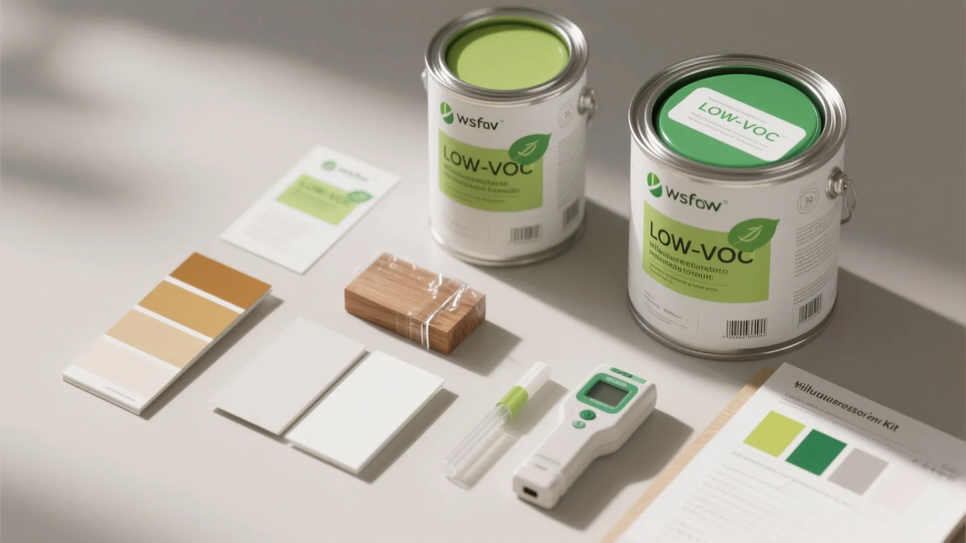 Flat lay of green paint cans with color swatches wood sample and electronic testing tool