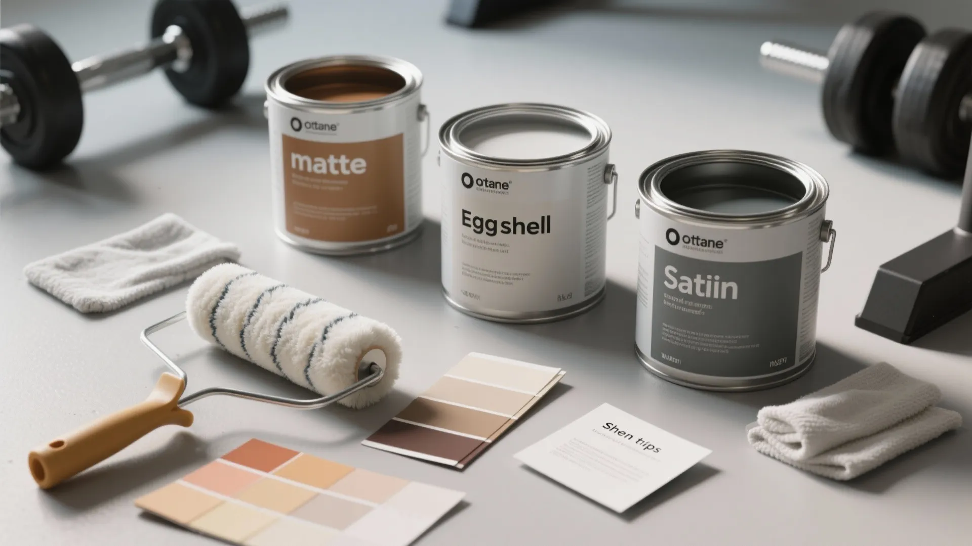 Three paint cans with color cards and roller brush on floor next to gym weight equipment