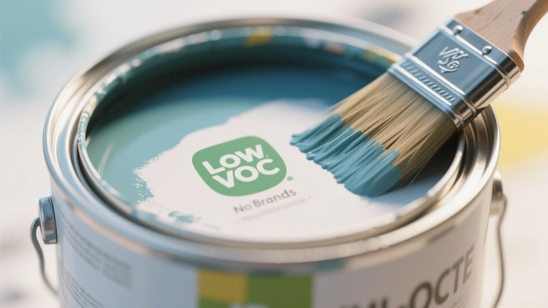 Macro close-up of a paint can with a generic low-VOC icon and a brush, highlighting safety and coverage details.