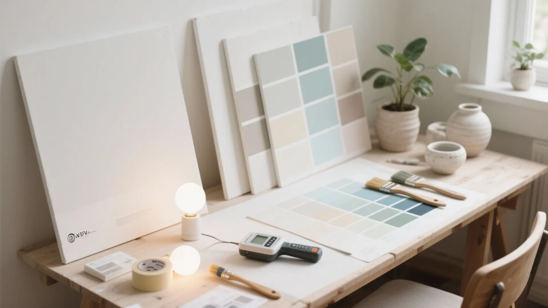 Wooden desk with color swatches paint brushes light bulbs and interior design tools for planning