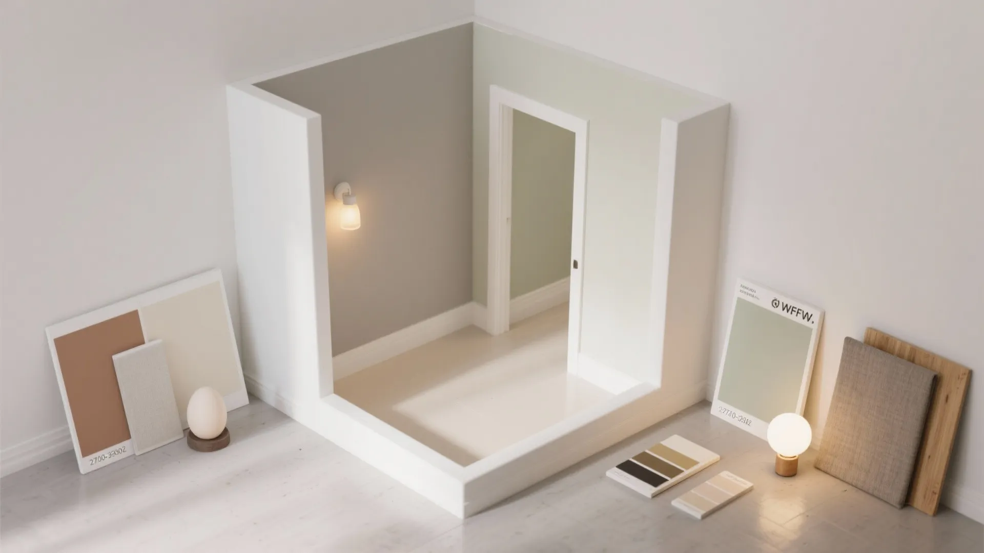 Miniature room layout model with wall light paint samples and color swatches for interior design