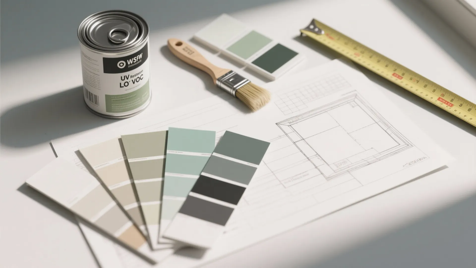 Flatlay of exterior paint swatches, brushes, UV-resistant and low-VOC labels for mobile home paint planning.