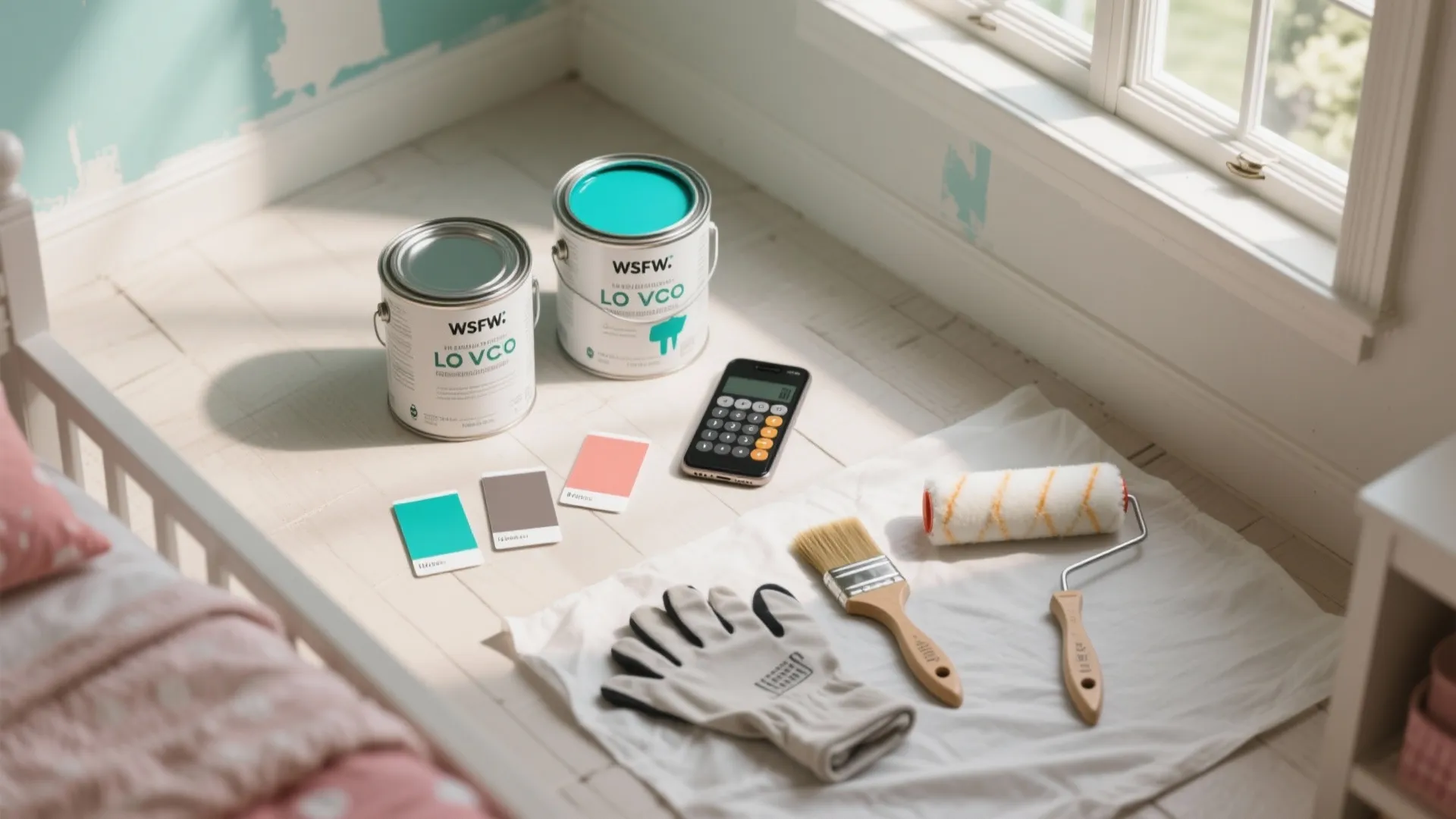 Flatlay of low-VOC paint cans, color chips, brushes and a phone calculator illustrating FAQ tips for painting a teen room.
